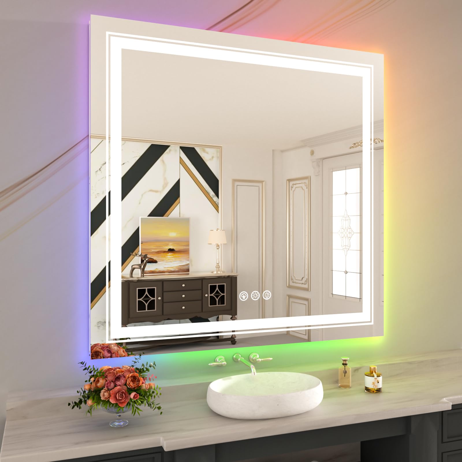 Wtty Rgb Led Bathroom Mirror 36''X36'' With Backlit And 3 Front Light,Stepless Dimmable Led Mirror For Bathroom,Lighted Bathroom