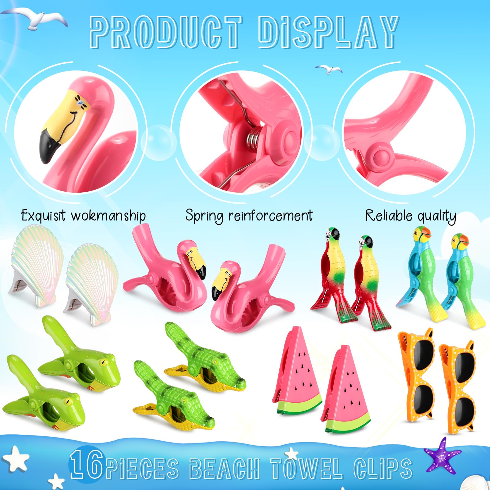 Rtteri 16 Pcs Beach Towel Clips Cute Towel Clips For Chairs Beach Towel Holder Clothes Pegs Clothes Pins For Patio Beach Pool, A