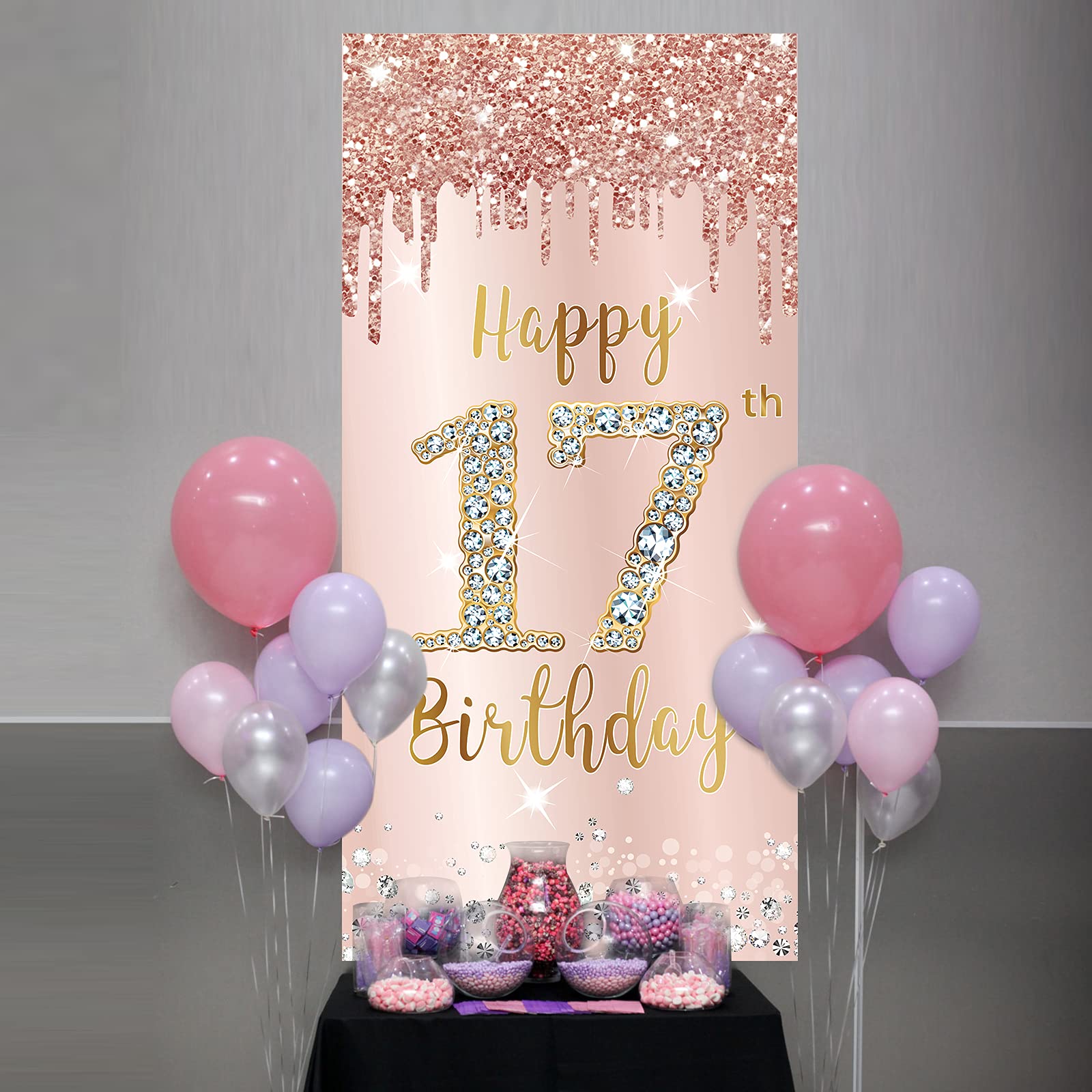Happy 17Th Birthday Door Banner Decorations For Girls, Pink Rose Gold 17 Birthday Door Cover Backdrop Party Supplies, Large Seve
