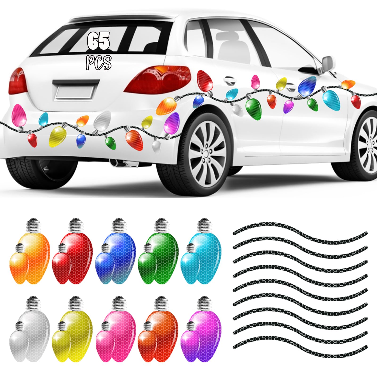 65 Pcs Christmas Car Reflective Bulbs Magnets Decorations, 40 Christmas Refrigerator Bulbs Light Shaped Magnets 25 Magnetic Wire