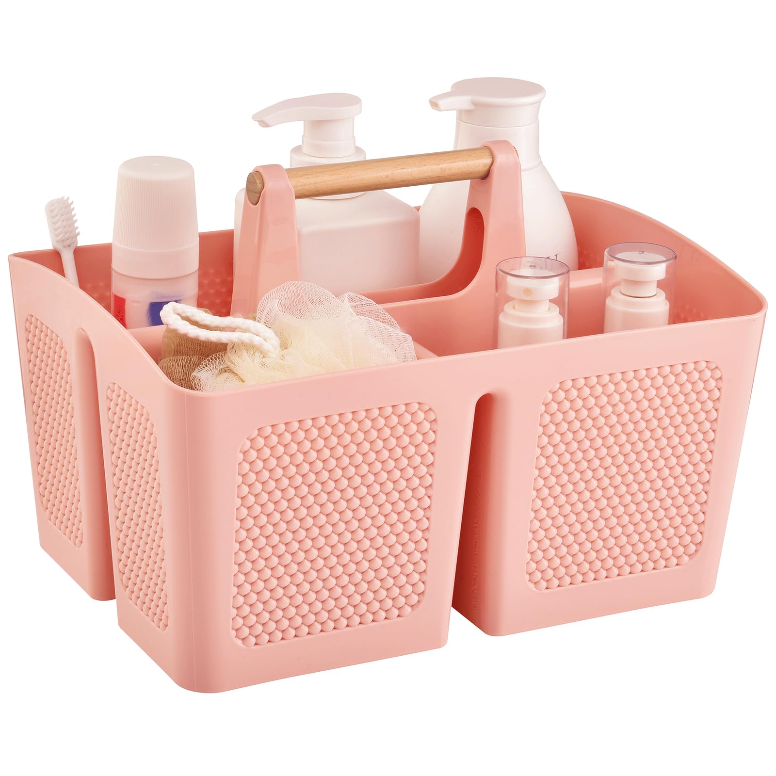 Haundry Plastic Pink Shower Caddy Basket with 3 Compartments, Portable Divided Bathroom Cleaning Caddy Organizer Storage Tote wi