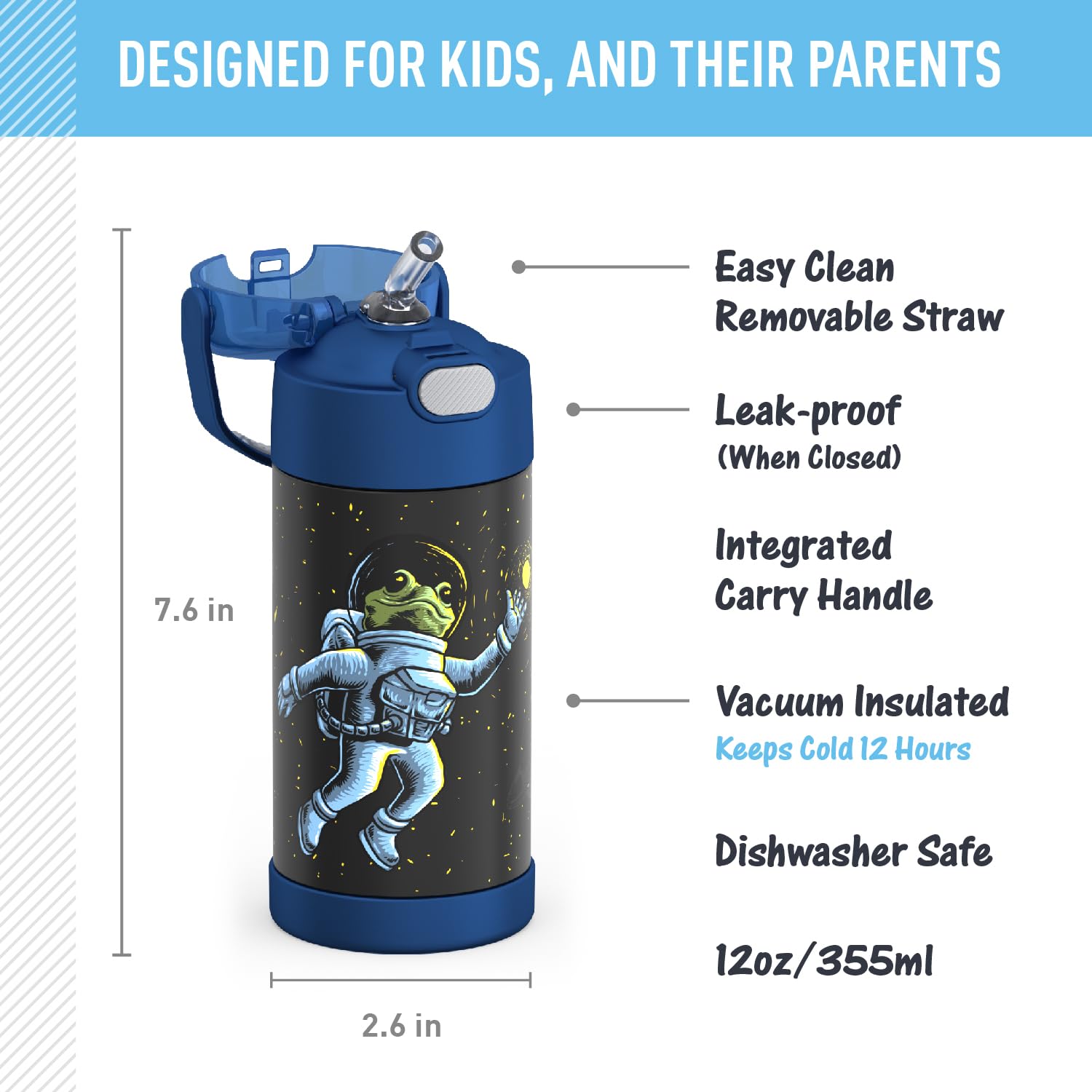 Thermos Funtainer Water Bottle With Straw - 12 Ounce - Kids Stainless Steel Vacuum Insulated Water Bottle With Lid, Space Frog