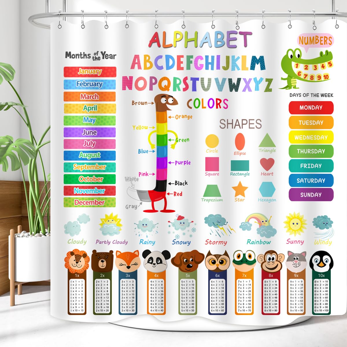 Zxmbf Abc Educational Shower Curtain Kids Learning Tool Funny Cartoon Animals Colors Shapes Weathers Multiplication Table Girls