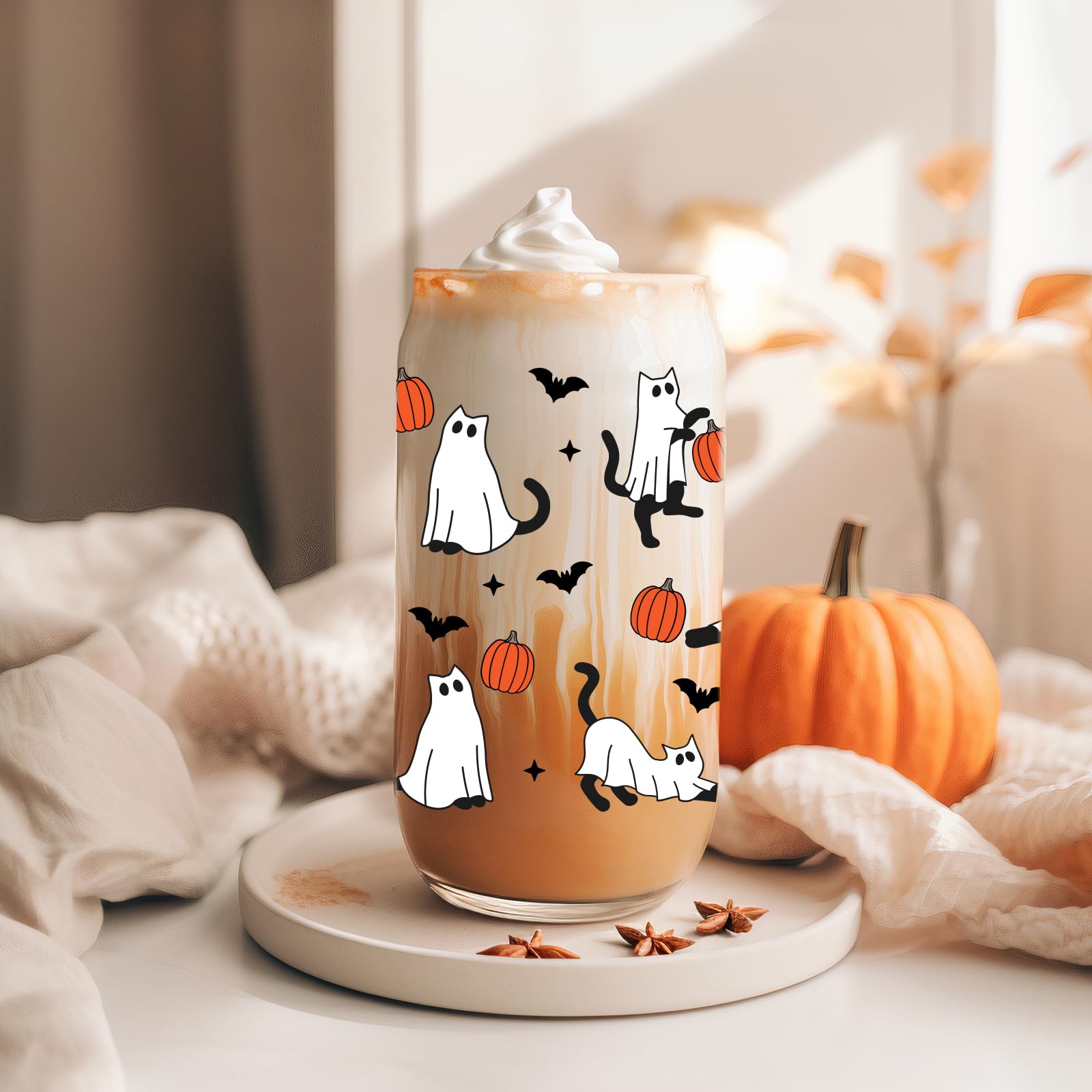 Fairy'S Gift Halloween Ghost Cat Iced Coffee Cup, Halloween Cat Pumpkin Glass Tumbler, 16 Oz Halloween Glass Cup With Lid Straw,