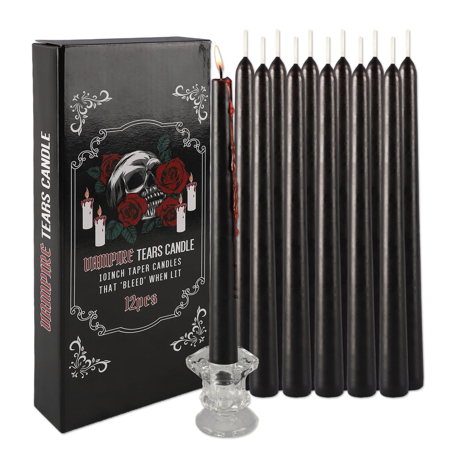 12PCS 10-Inch Black Bleeding Taper Candles,Vampire Tears Taper Candles- Unscented Ideal for Halloween, Christmas, Rituals, and T
