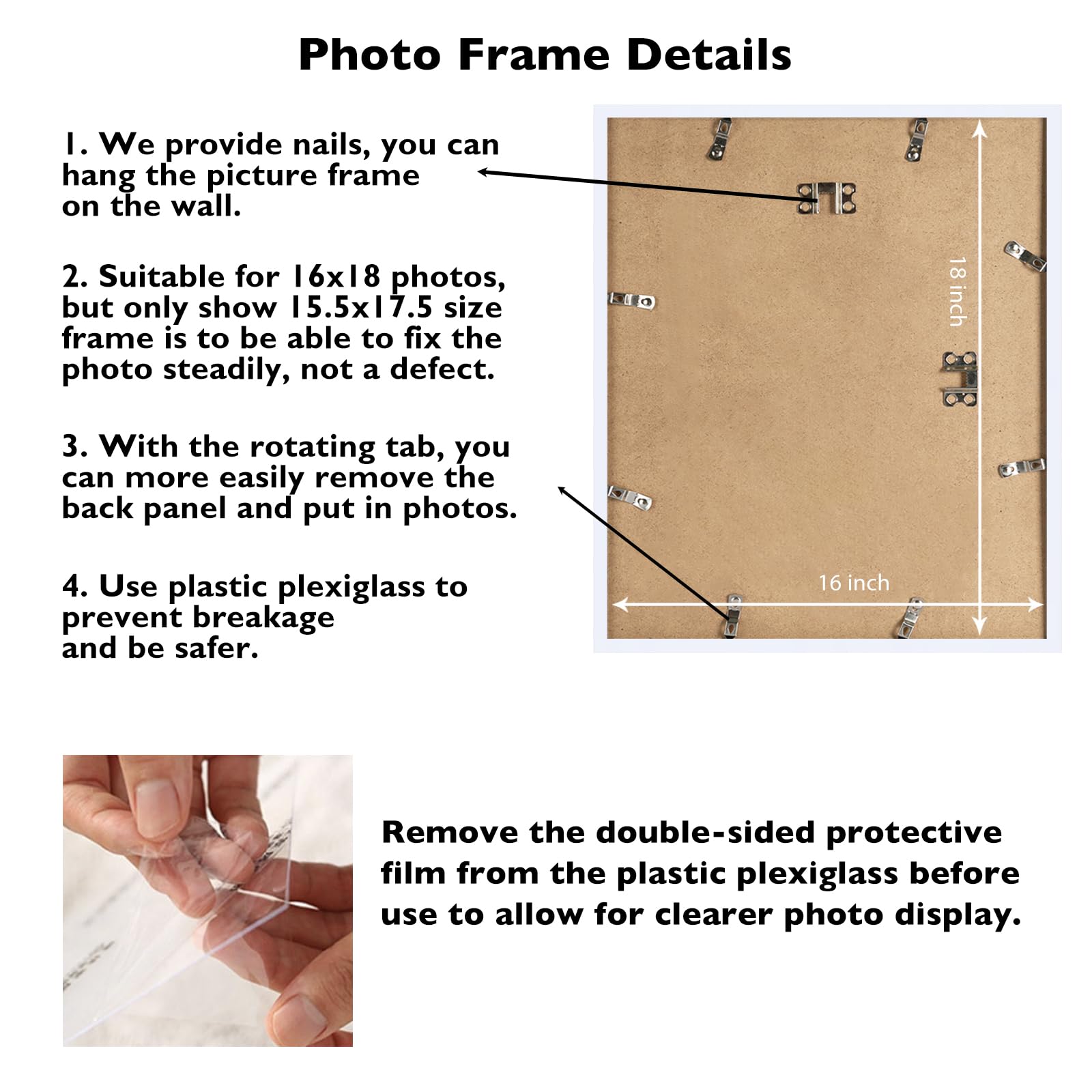 JCJMY 16x18 Picture Frame - White, Horizontal & Vertical Formats for Wall Hanging, 16 x 18 Gallery Frame for Photos & Posters