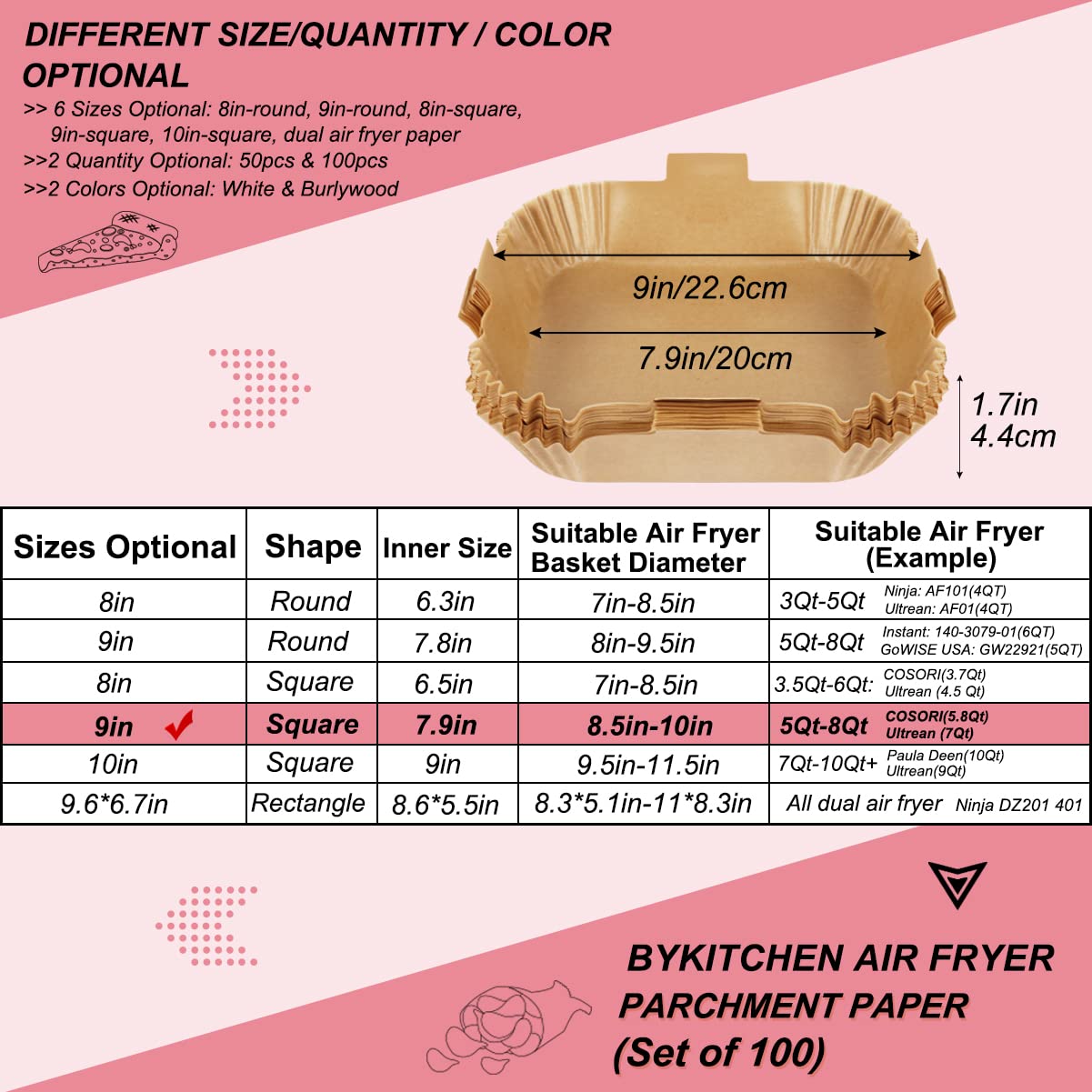 Bykitchen Air Fryer Parchment Paper, Set Of 100, 9 Inch Square Air Fryer Liners, Airfryer Accessories, Compatible With Corsori,