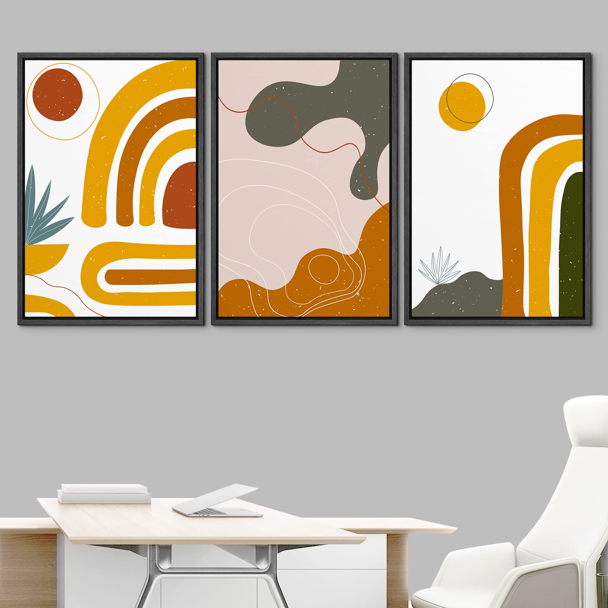 Idea4Wall Framed Wall Art Print Set Red & Orange Arcs With Abstract Shapes Geometric Flower Illustrations Modern Art Rustic Colo