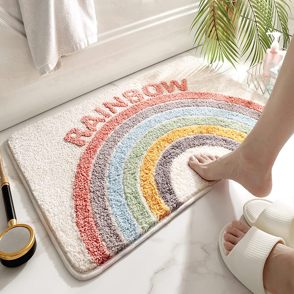 Akegna Rainbow Flocking Bath Mat, Bathroom Rug Water Absorbent Non-Slip Soft Microfiber Carpet Mat For Tub Sink Shower And Bath