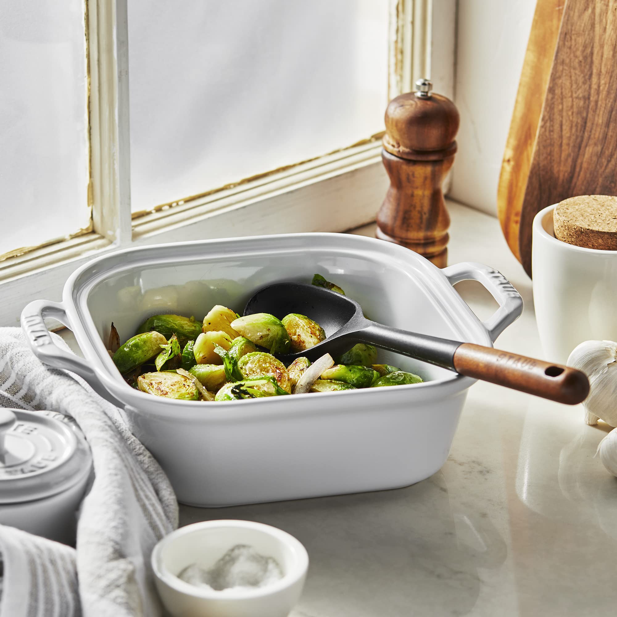 Staub Serving Spoon, Great For Scooping Sides And Serving Hearty Stews, Durable Bpa-Free Matte Black Silicone, Acacia Wood Handl