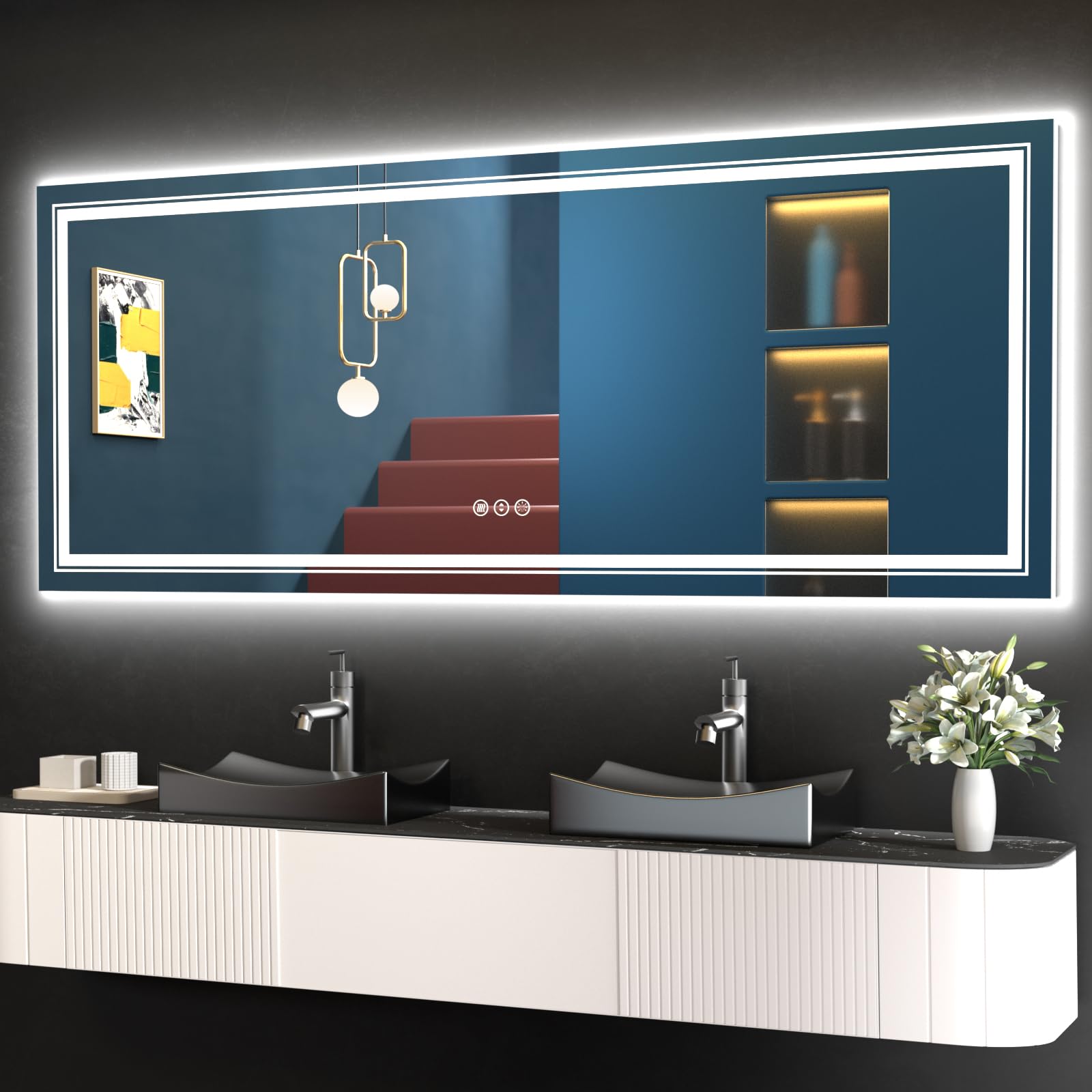 Snowdool 60X24 Front And Backlit Mirror Bathroom Led Mirror, Anti-Fog Bathroom Mirror With Lights, Stepless Dimmable, 3 Colors L