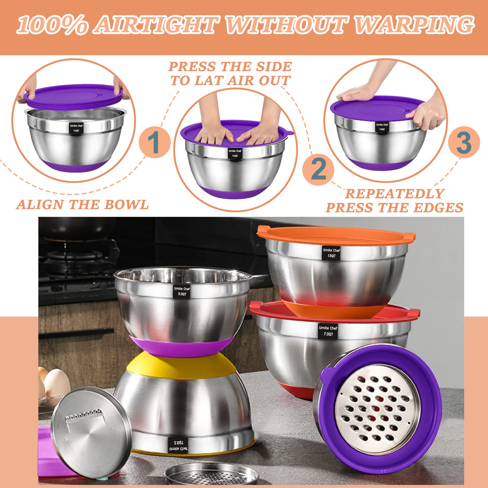 Umite Chef Mixing Bowls Set, 26Pcs Stainless Steel with Airtight Lids, 3 Grater Attachments, Colorful Non-Slip Bottoms, Sizes 1QT to
