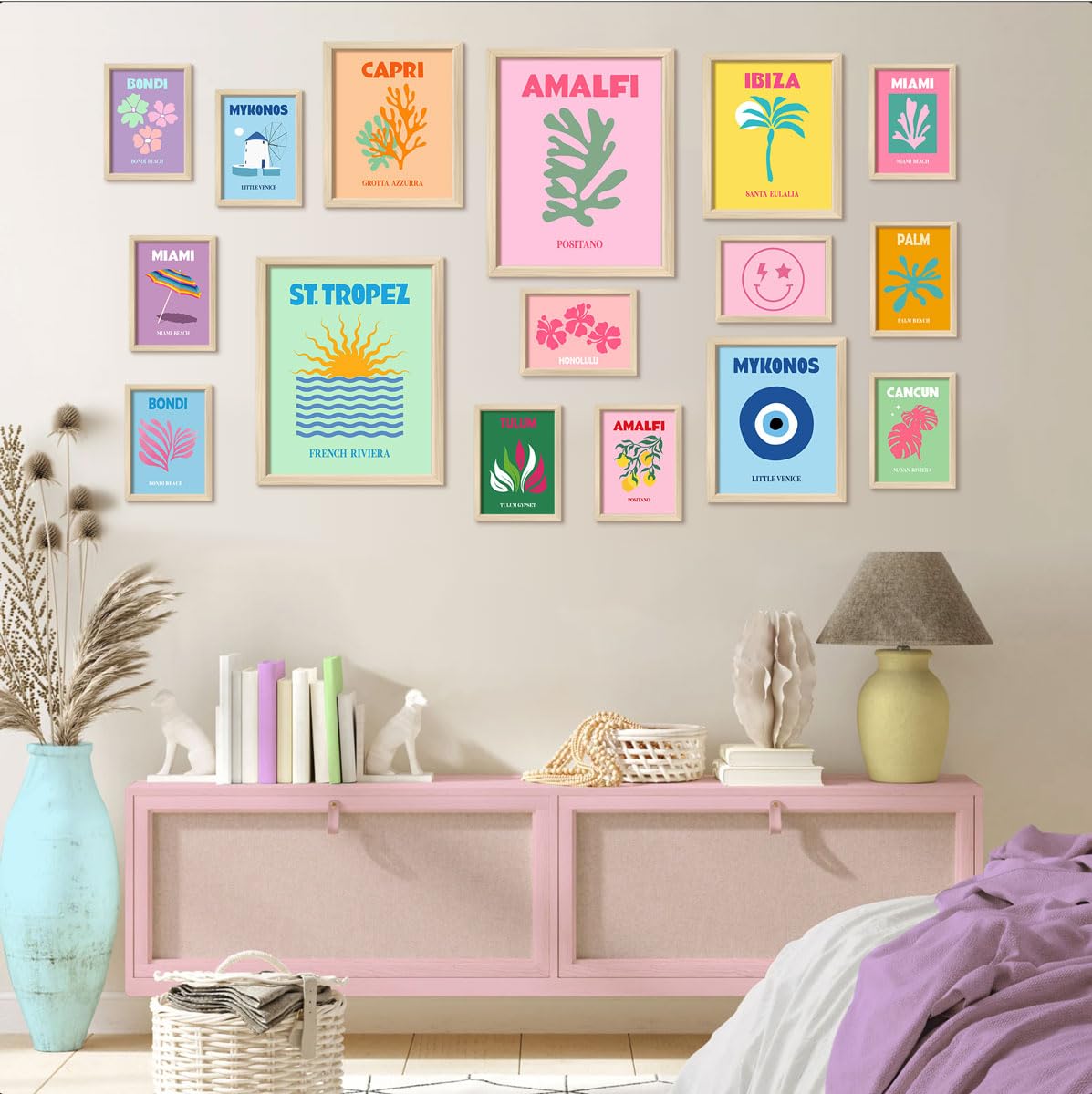 Anerza 16 Pcs Preppy Room Decor, Wall Art Prints For Bedroom, Travel Posters For Room Aesthetic, Wall Collage Kit Pictures For L