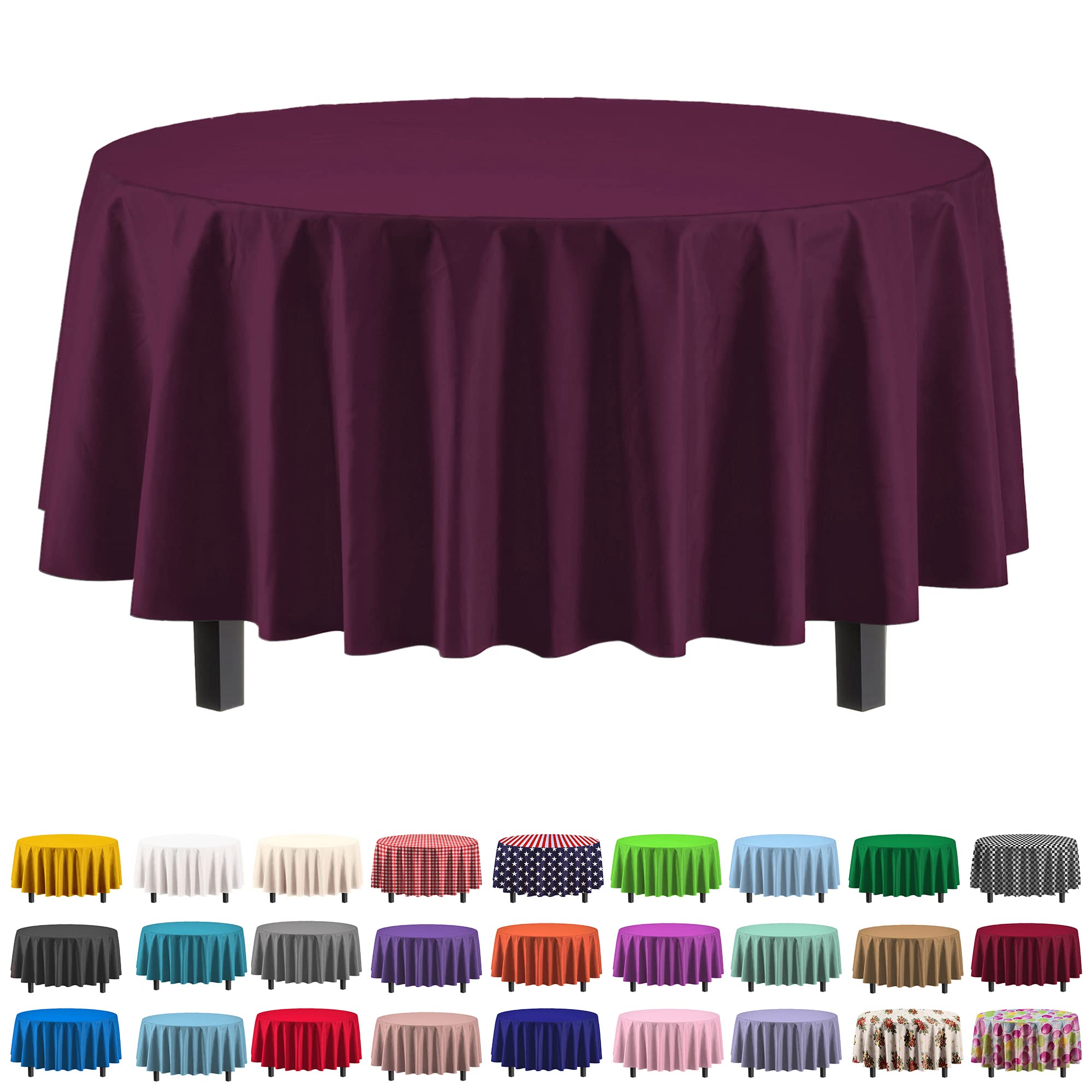 Exquisite 6-Pack Premium Plastic Tablecloth 84In. Round Plastic Table Cover - Plum
