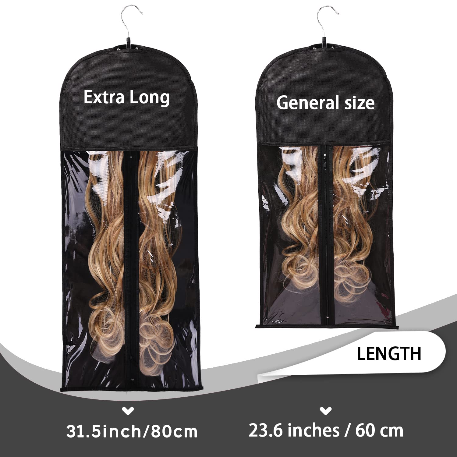 3PCS Extra Long Hair Extension Storage Bag Hairpieces Storage Holder with Wooden Hanger Dust-proof Portable Suit with Transparent Zip Up Closure- Light weight  Waterproof and Portable (Black)