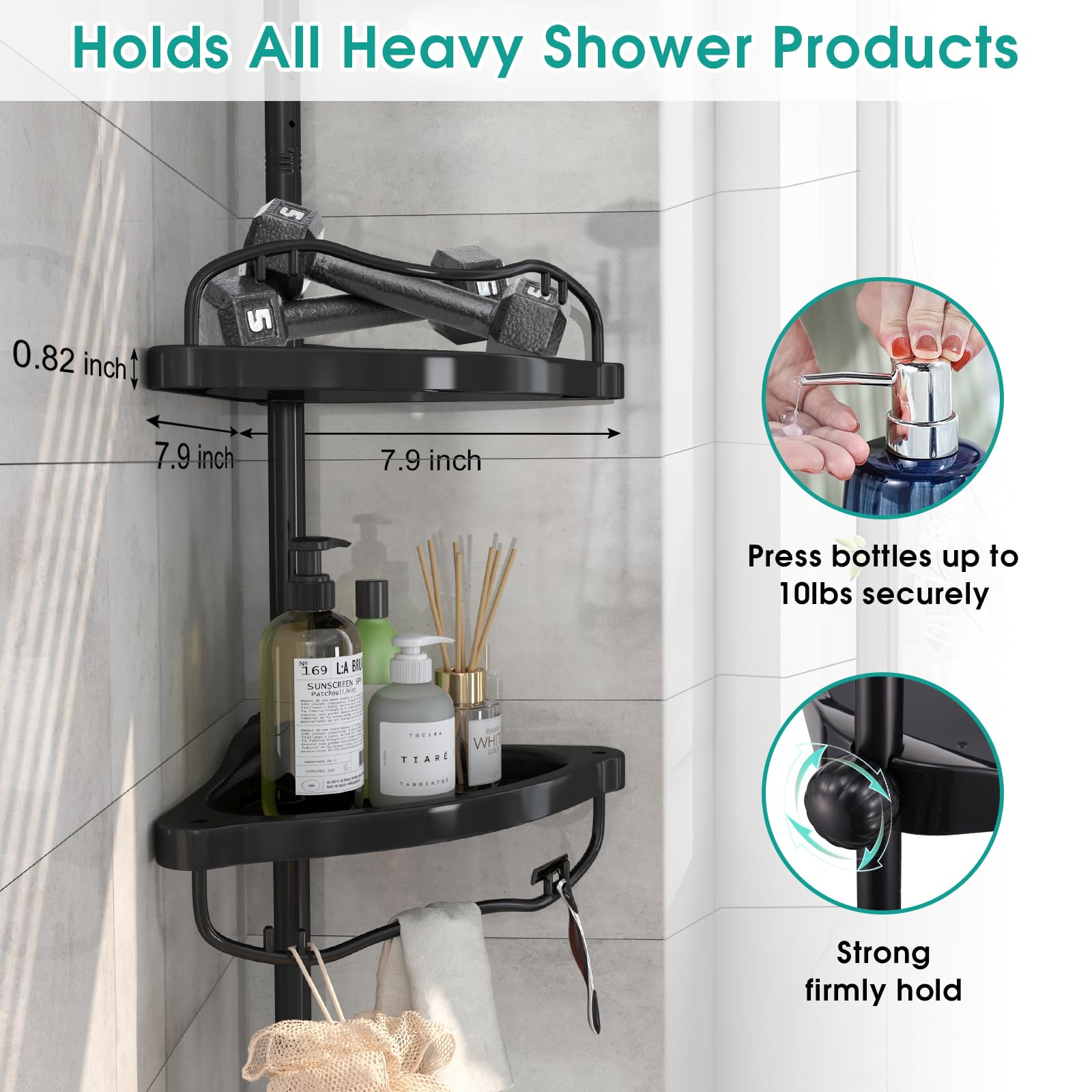 Corner Shower Caddy Tension Pole - 125 Inch Tall Adjustable Inside Shower Organizer 4-Tier Rustproof Bathroom Organizer Shelves