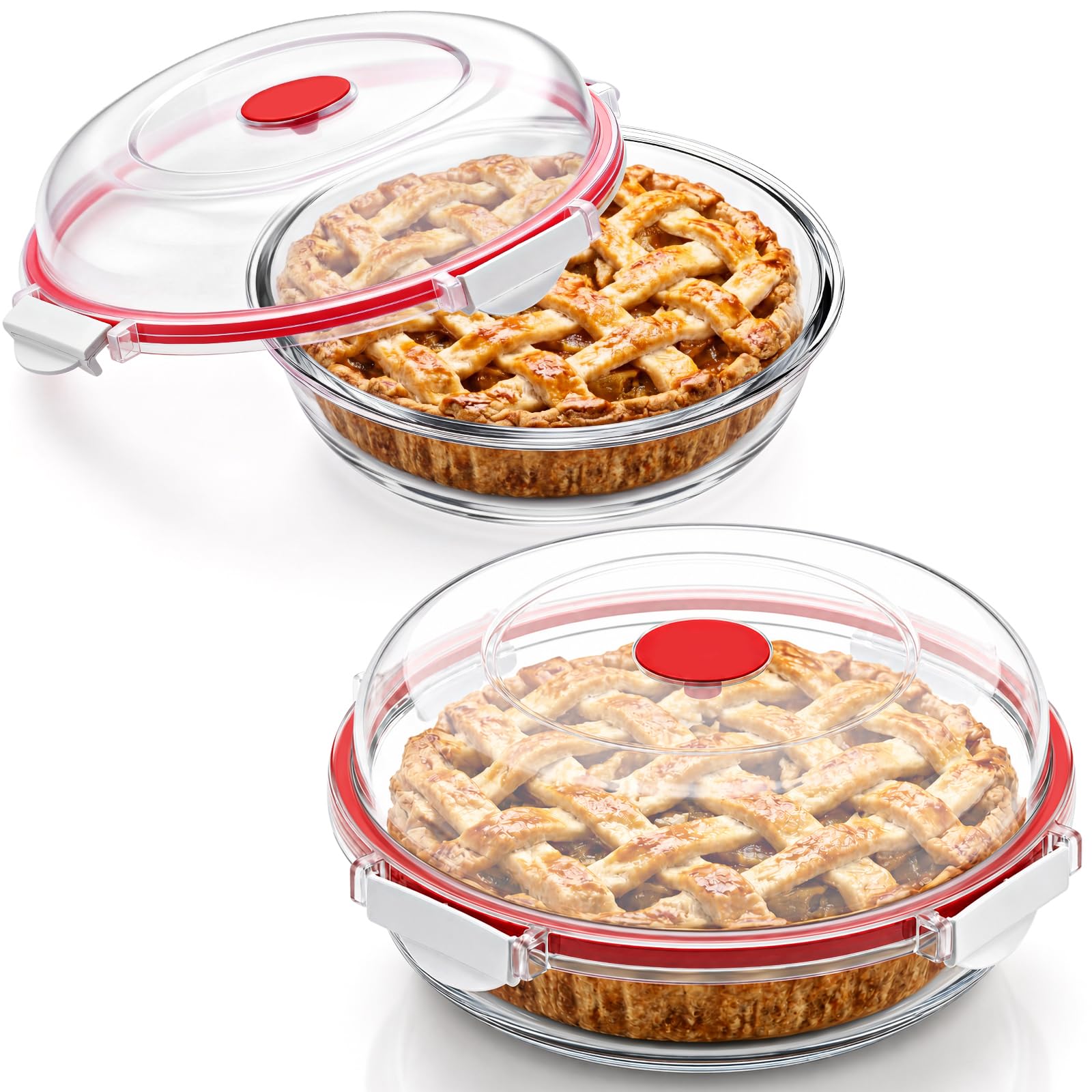 Ferrochef 2 Pcs 9 Inch Large Glass Pie Plate with Lid for Baking, Red