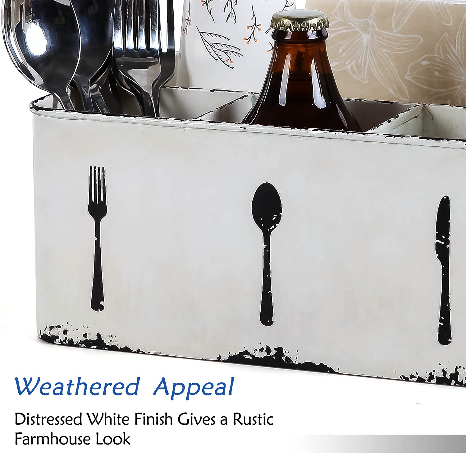 Nikky Home Utensil Caddy, Farmhouse Rustic Metal Cutlery Silverware Caddy With 4 Compartments, Flatware Holder Organizer For Kit