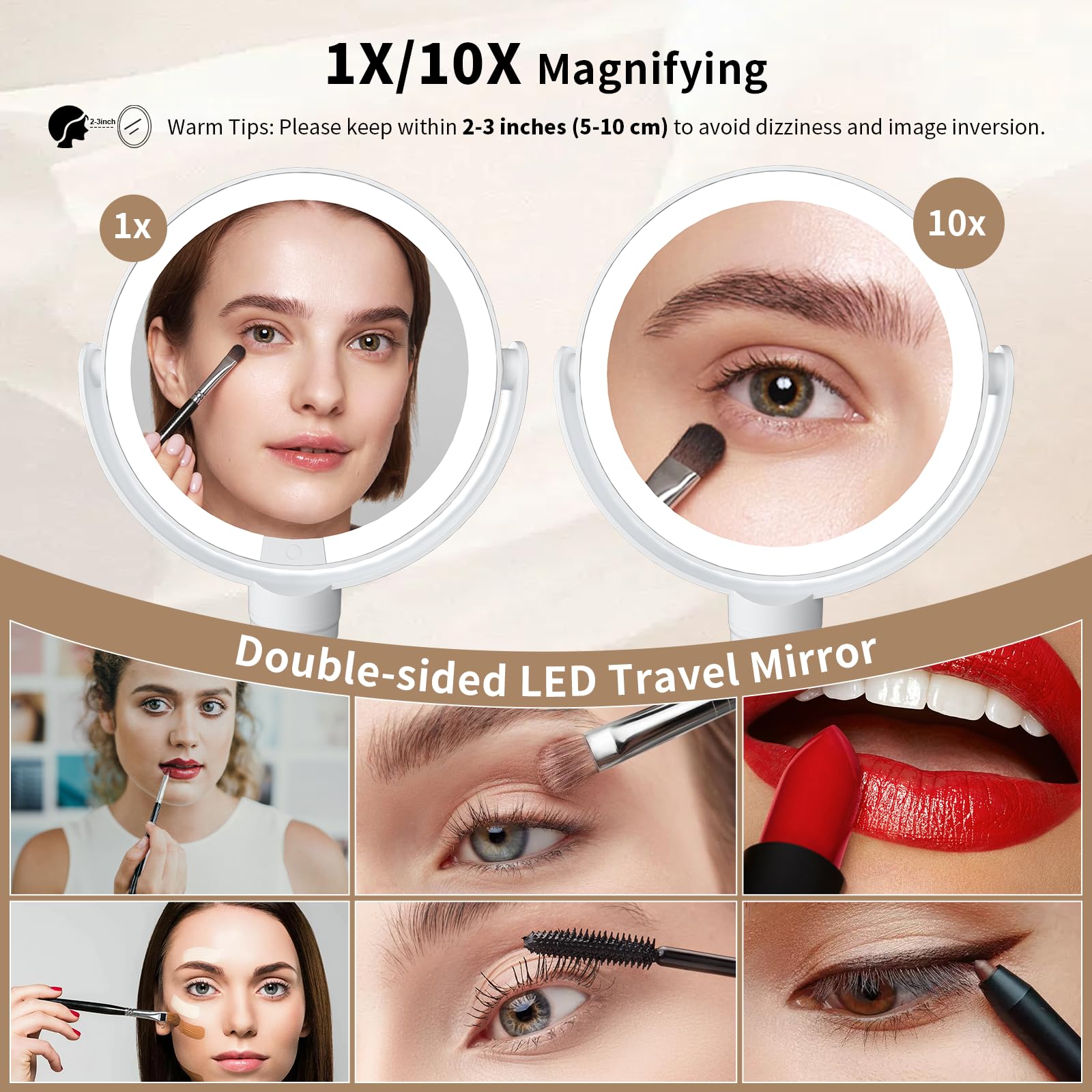 Kintion Lighted Makeup Mirror, 1X/10X Double Sided Led Magnifying Mirror, 3 Color Lights Touch Dimmable Rechargeable Portable Tr