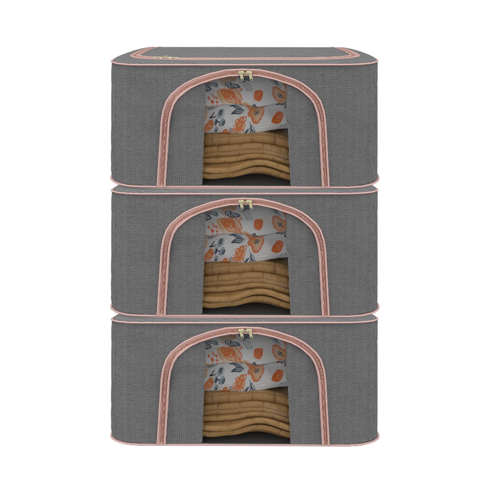 Kuber Industries Pack Of 3 Foldable 66 Liter Cloth Organizer For Storage With Steel Frames, Zip & Handles | See Through Saree Or