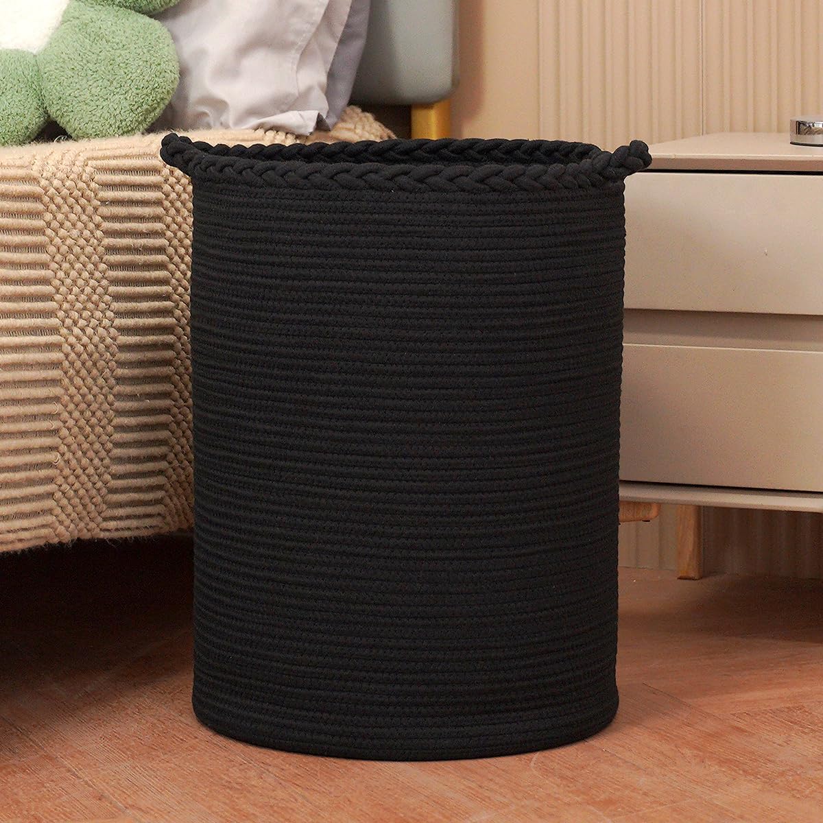 Homlikelan 72L Woven Laundry Basket,Cotton Tall Laundry Hamper For Blankets,Clothes,Pillows,Toys,Shoes Large Laundry Bin Black