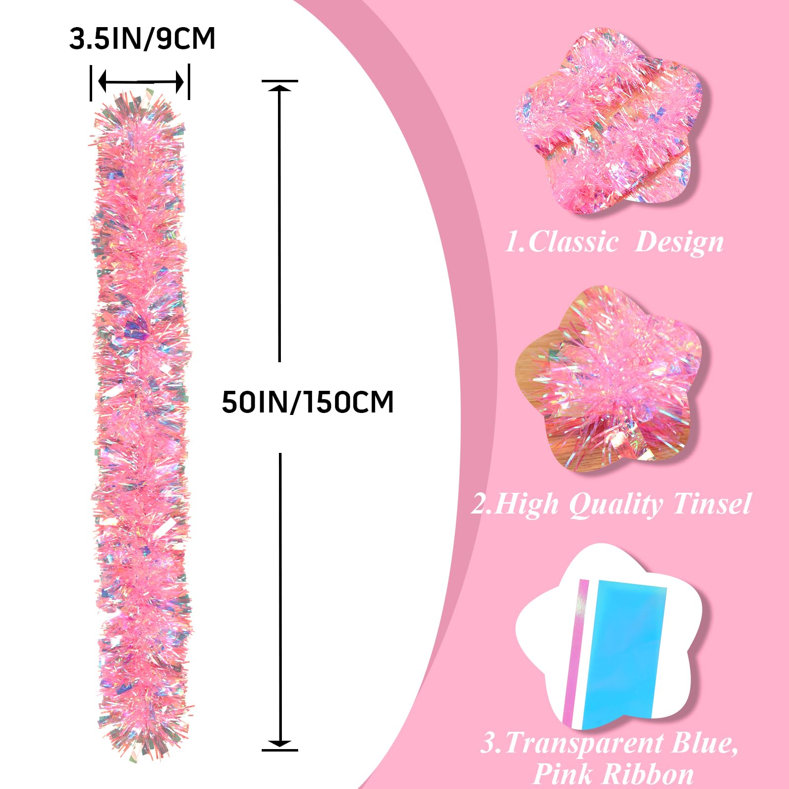 50Ft Pink Christmas Garland Decorations,Xams Tinsel Stems Non-Lit Soft Twist Garland Decor for Tree Stairs Railing Front Door Ma