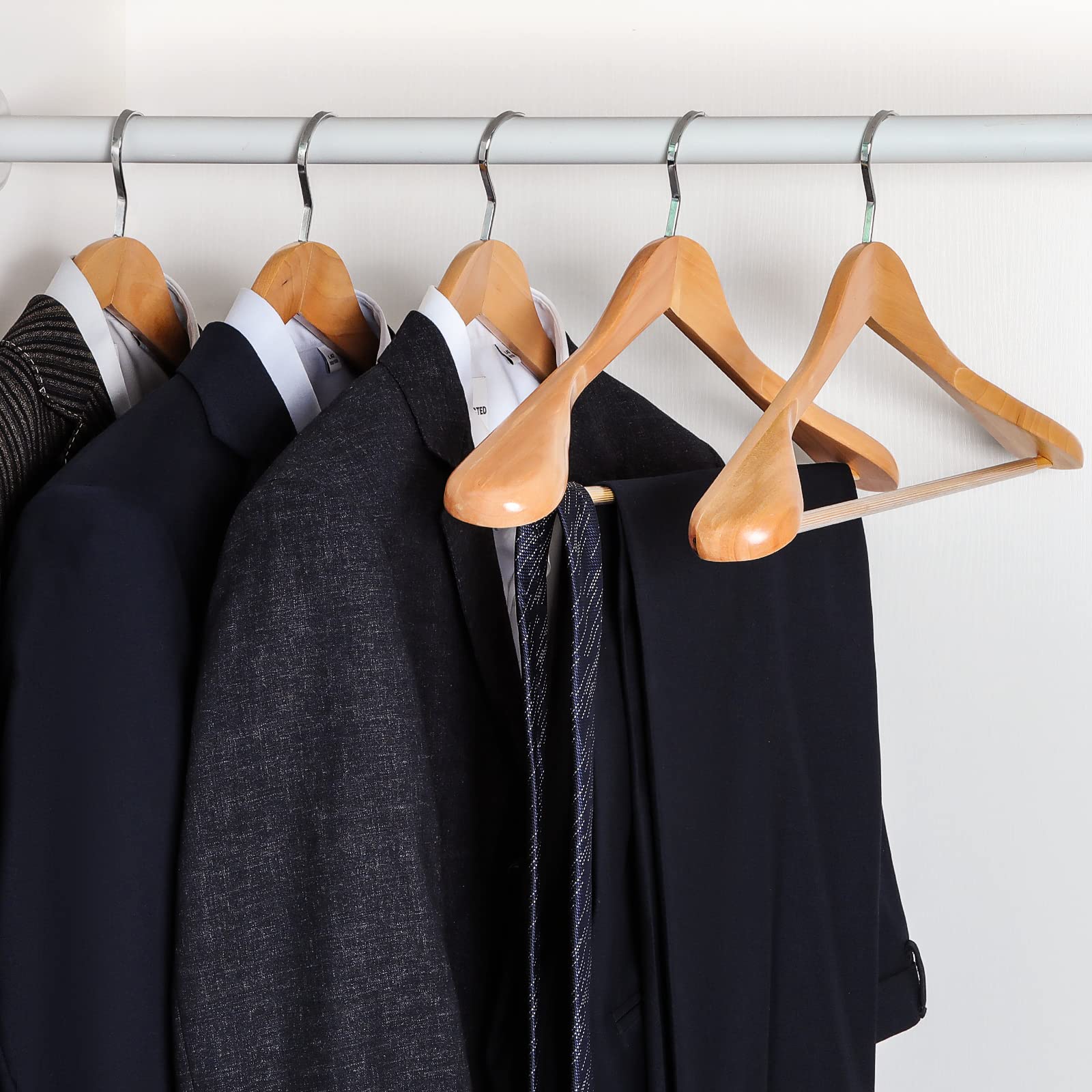 Topia Hanger Set Of 6 Luxury Natural Wooden Coat Hangers, Premium Wood Suit Hangers, Glossy Finish With Extra-Wide Shoulder, Thi