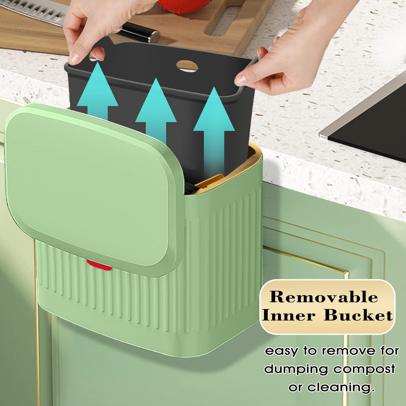 Kitchen Small Trash Can with Lid  GloDeals Compost Bin Countertop  Wall-Mounted Under Sink Hanging Trash Bin for Kitchen  Bathroom  Cabinet Trash Can (1.05 Gallon  4L Vintage Green)