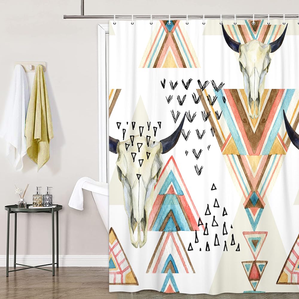 Jawo Western Boho Shower Curtain Native Aztec Tribal Bull Skull Southwestern Cow Bohemian Geometric Pattern West Bathroom Decor