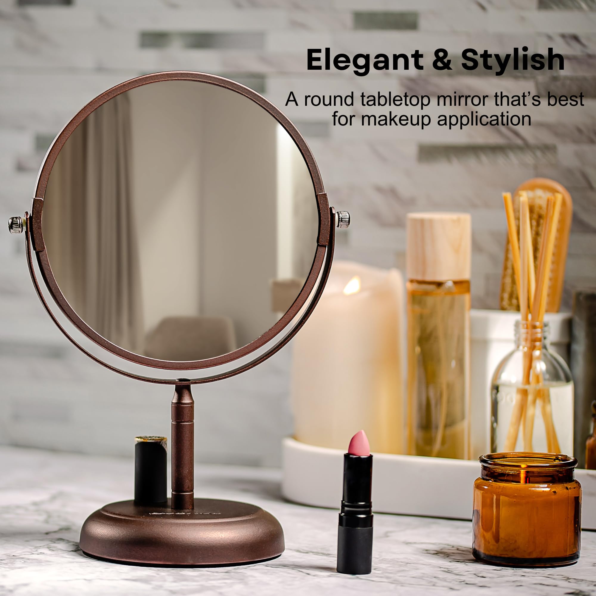 Ovente 7'' Tabletop Makeup Mirror With 1X/5X Magnification, 360 Swivel Design And Double-Sided Free-Standing Vanity Mirror Perfe