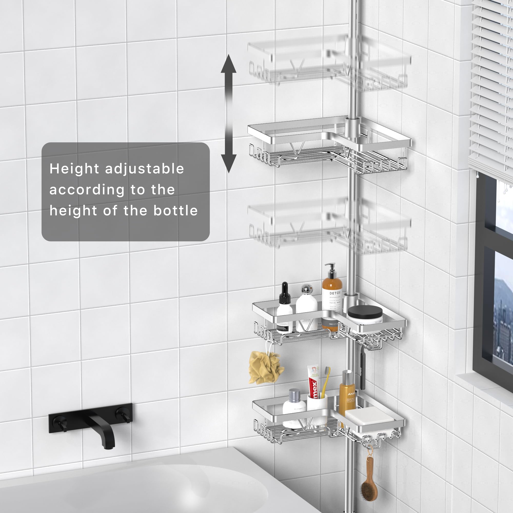 Kegii Sus304 Corner Shower Organizer, Stainless Steel Tension Pole Shower Caddy Corner, No Drilling Required Adjustable Shower S