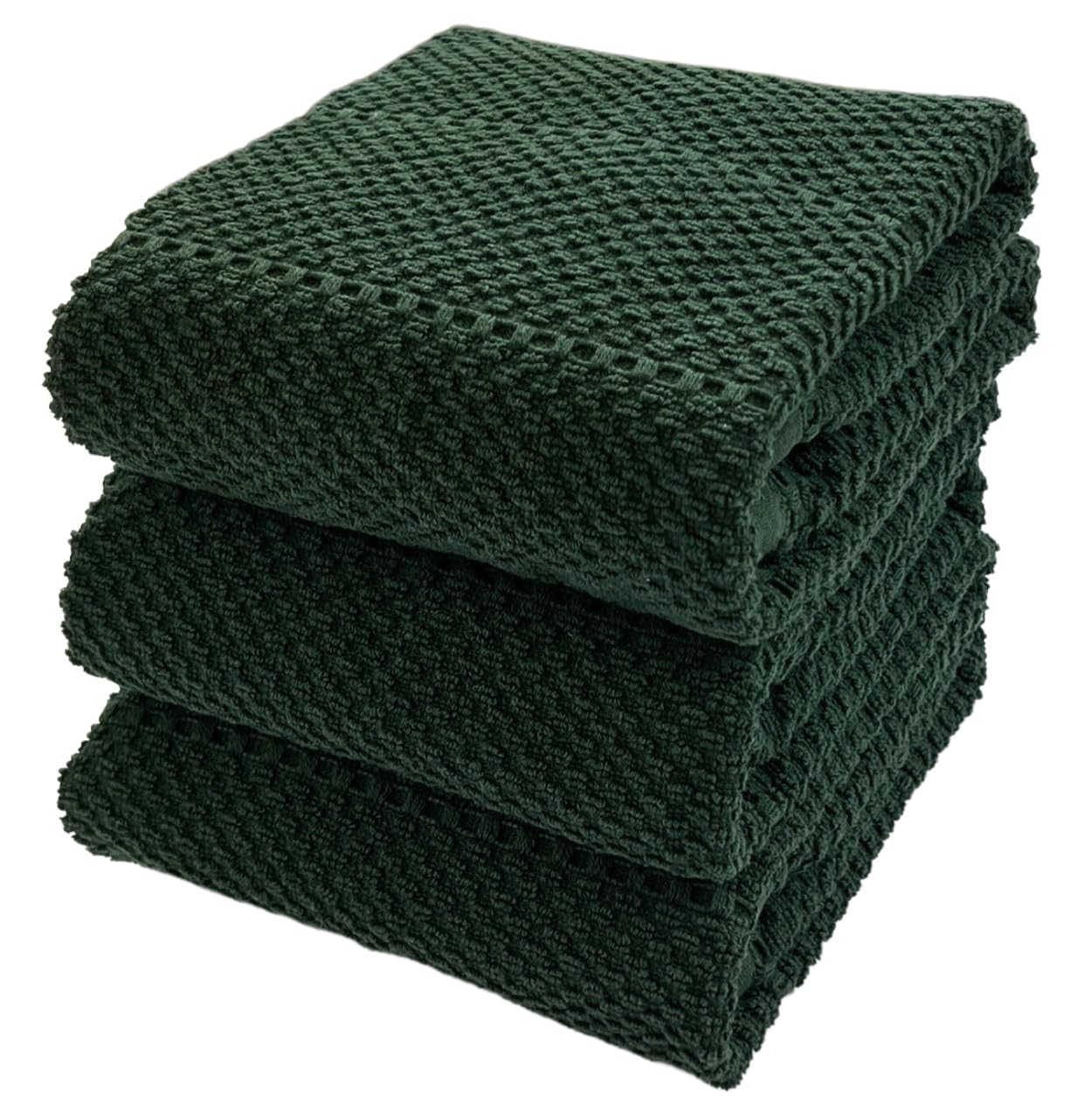 Serafina Home Dark Green Kitchen Dish Towels: 100% Cotton Cloth Soft Cleaning Drying Absorbent Textured Terry Loop, Set of 3 Mul