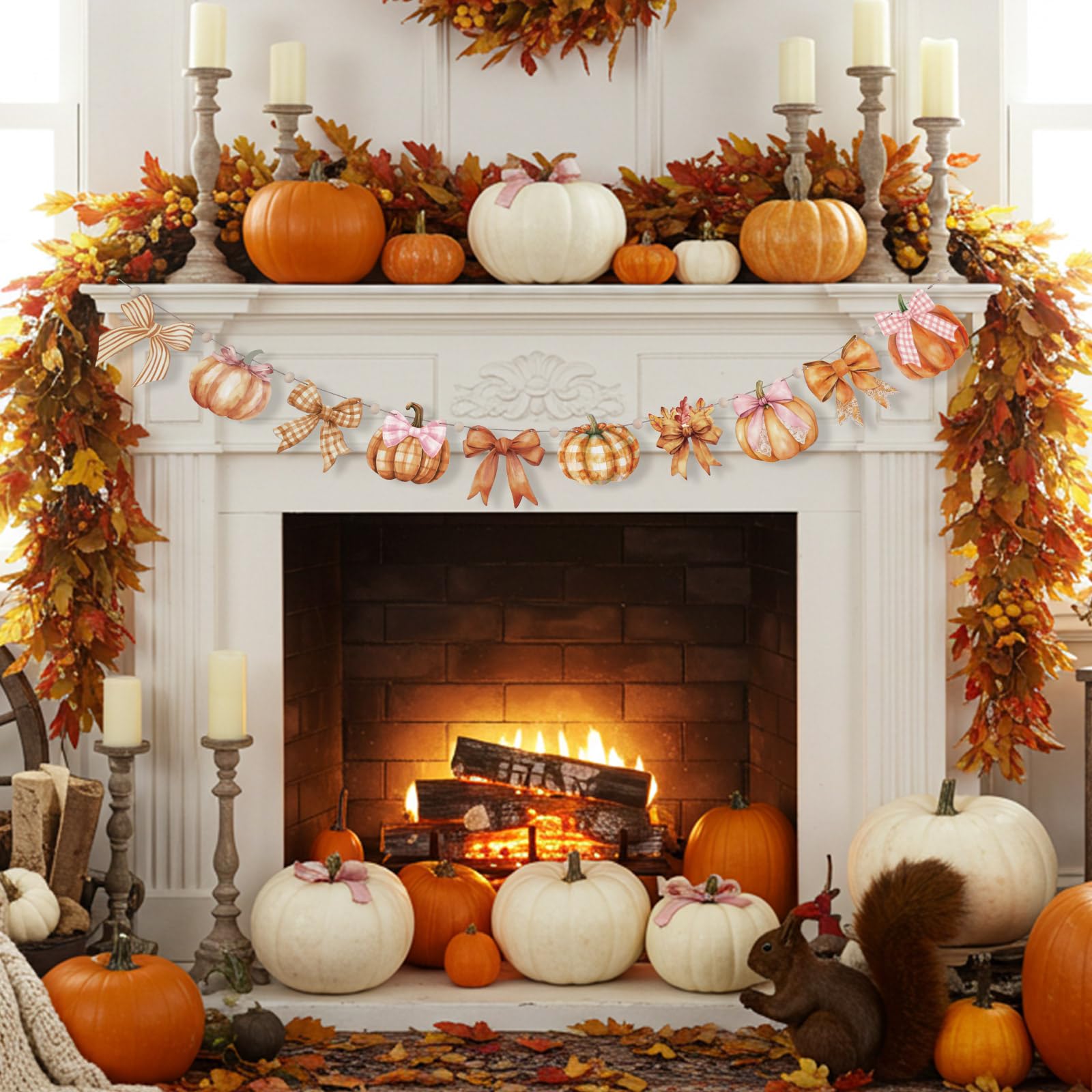 Cinnvoice 8.2 ft Fall Decoration Wooden Plaid Pumpkin Garland Bow Pumpkin Banner Thanksgiving Fall Banner Rustic Farmhouse Wood
