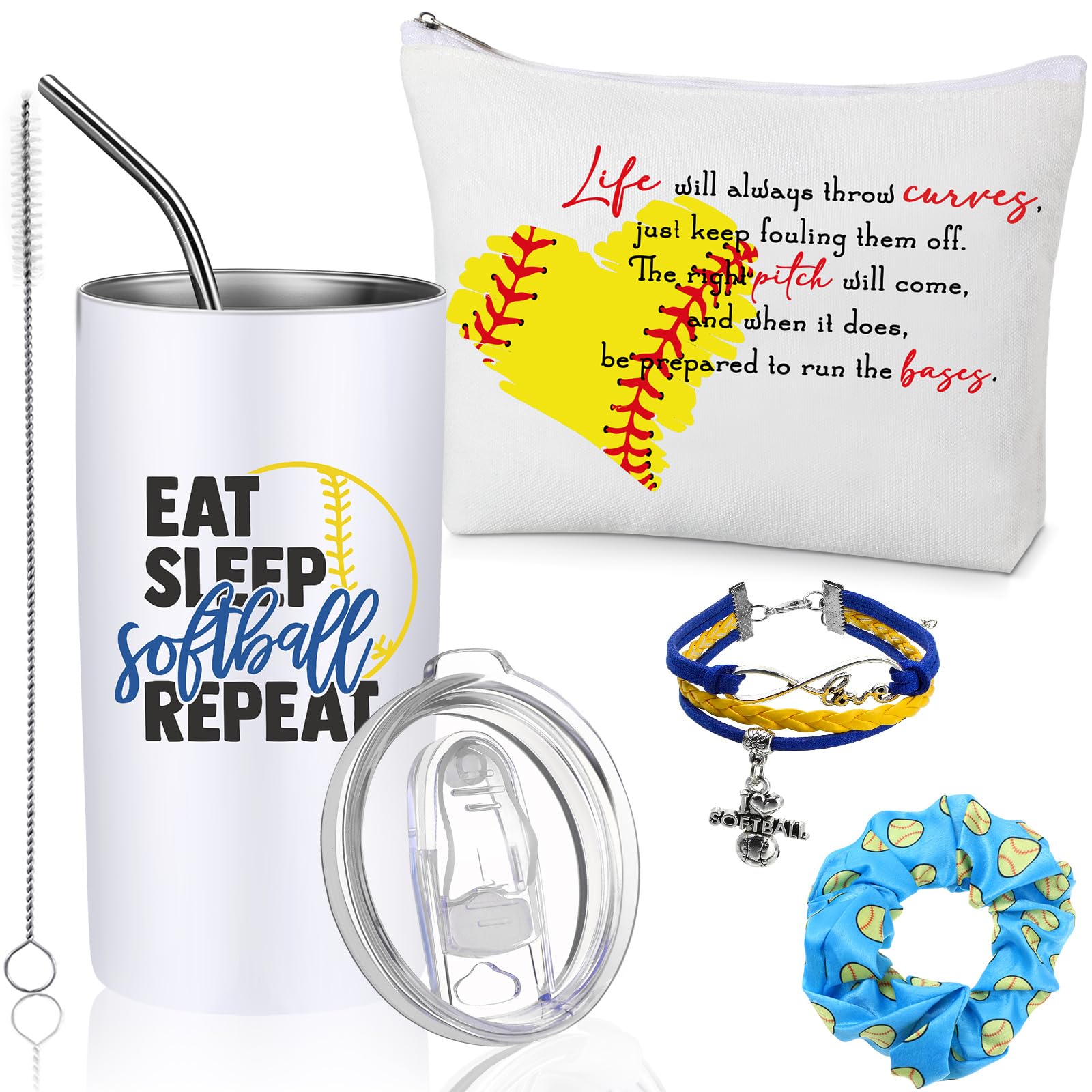 Sieral 4 Pcs Softball Gifts For Girls Softball Tumbler 14Oz Softball Water Bottles Softball Makeup Bag Softball Bracelet Scrunch