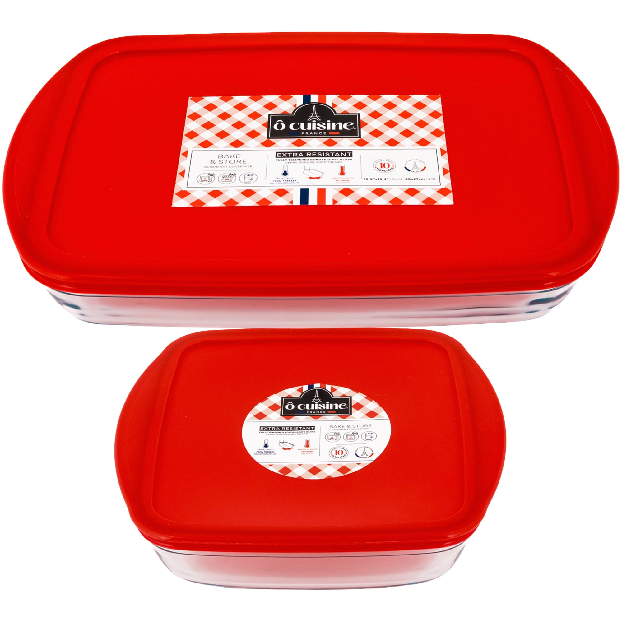 cuisine Borosilicate Glass Casserole Dish, XL (5.2 QT) + Square Baking Dish (2.4 QT) with Lids  Lasagna & Brownie Pan, Glass Me