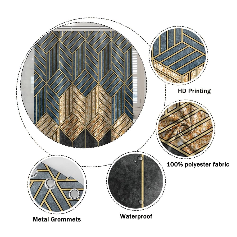 Umpoo Modern Abstract Geometric Shower Curtains 72X72 Inch Gold Lines Hexagon Black Grey Wall Luxury Art Shower Curtain Set With