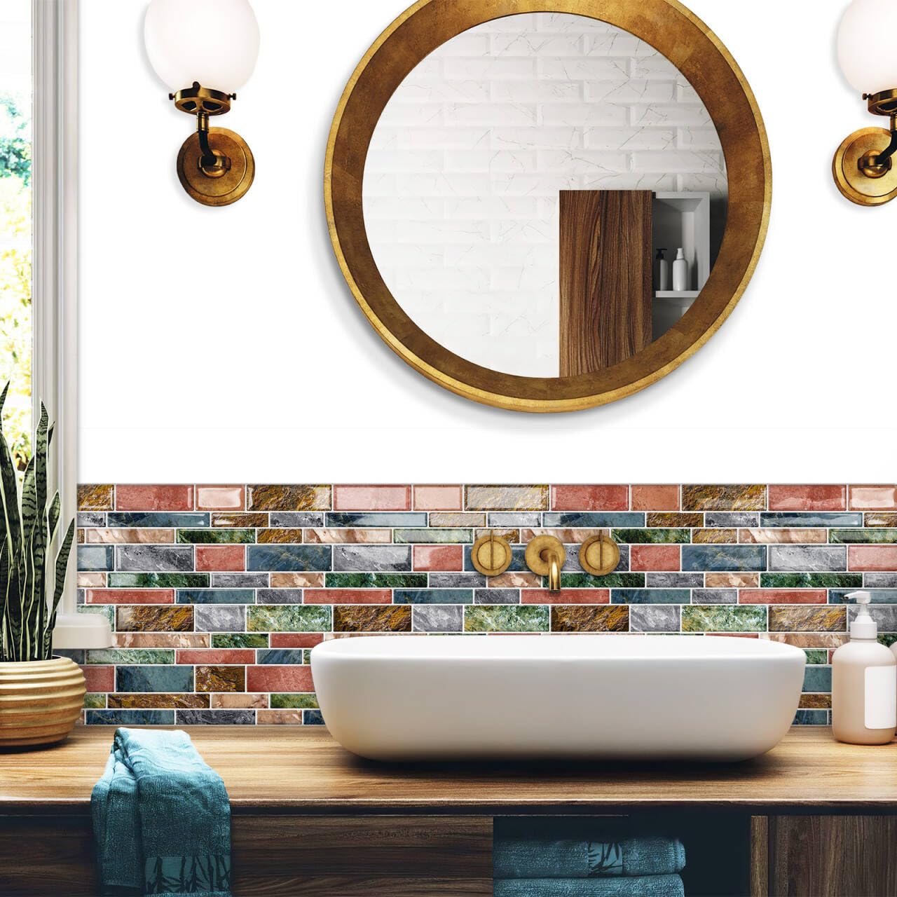 DEWOO Peel and Stick on Self Adhesive Backsplash Wall Marble Tiles Stickers 3D for Kitchen Bathroom,Colorful (10-Sheet, 12  12)