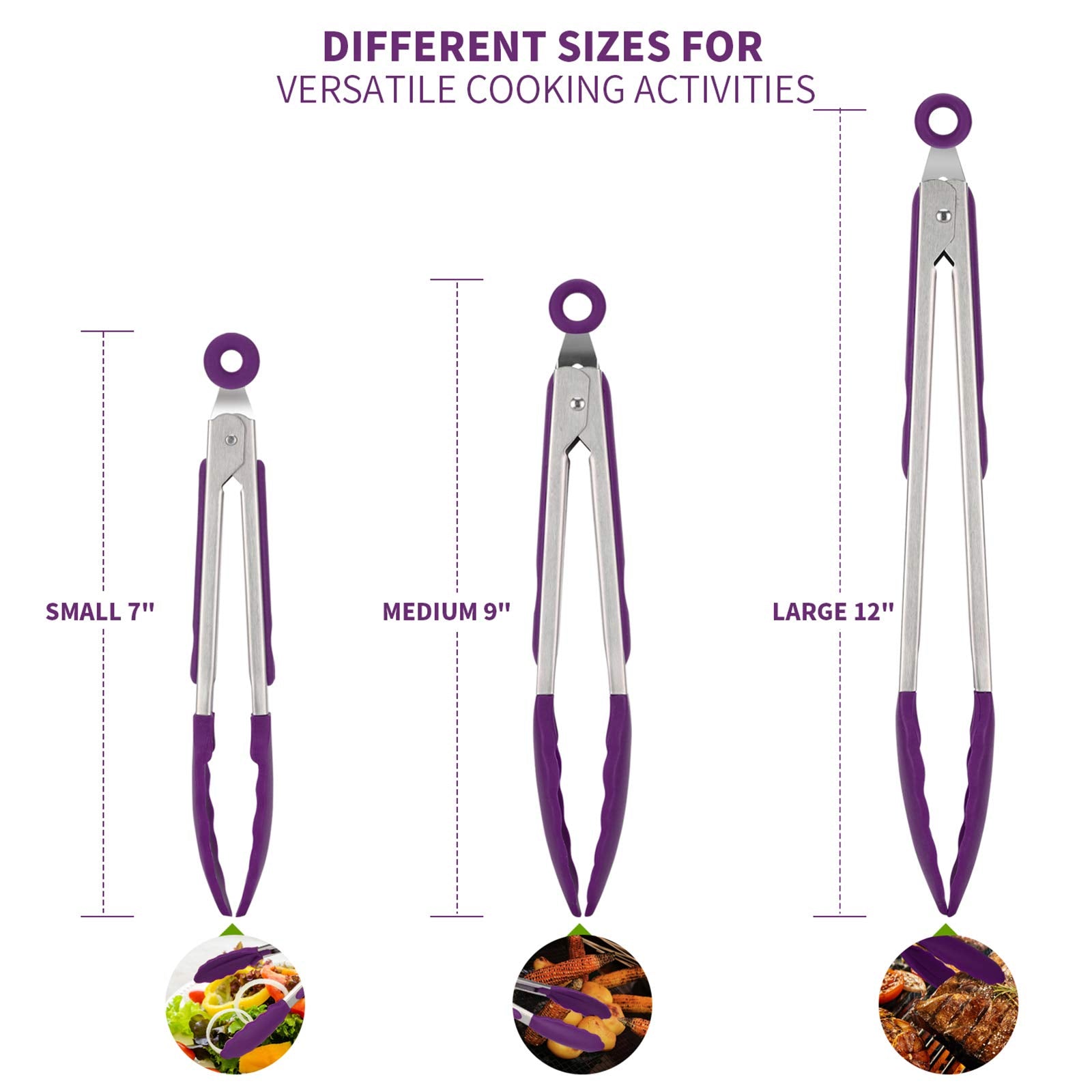 U-Taste Kitchen Tongs, 7/9/12 Inches Cooking Tongs, With 600F High Heat-Resistant Non-Stick Silicone Tips, 18/8 Stainless Steel