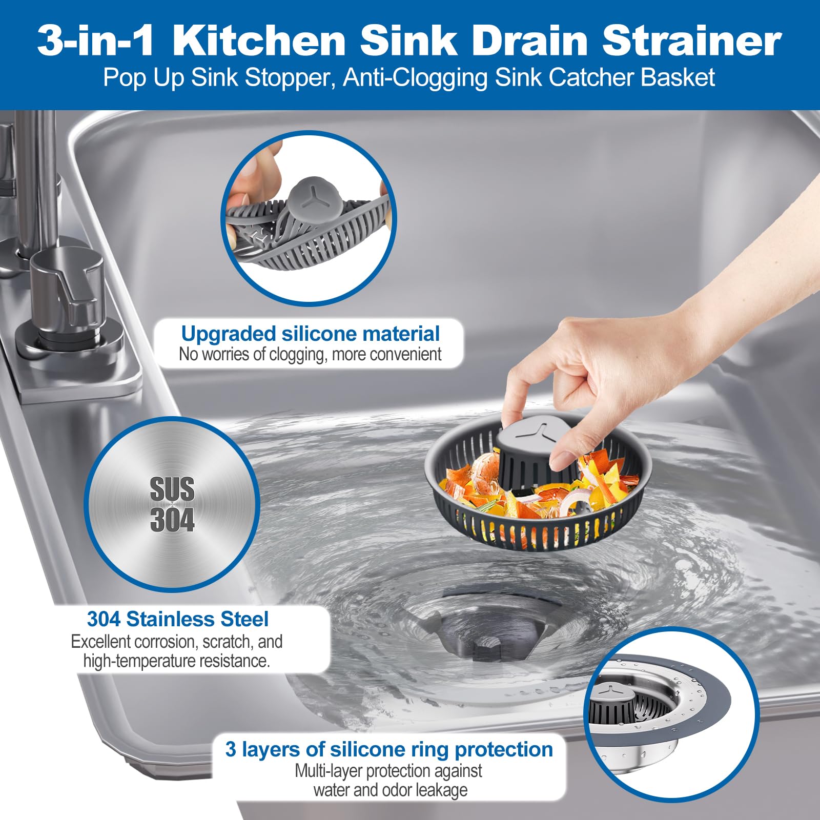 Auspok Upgraded 3 In 1 Kitchen Sink Drain Strainer Set, 304 Stainless Steel Sink Stopper, Silicone Anti-Clogging Catcher Basket,