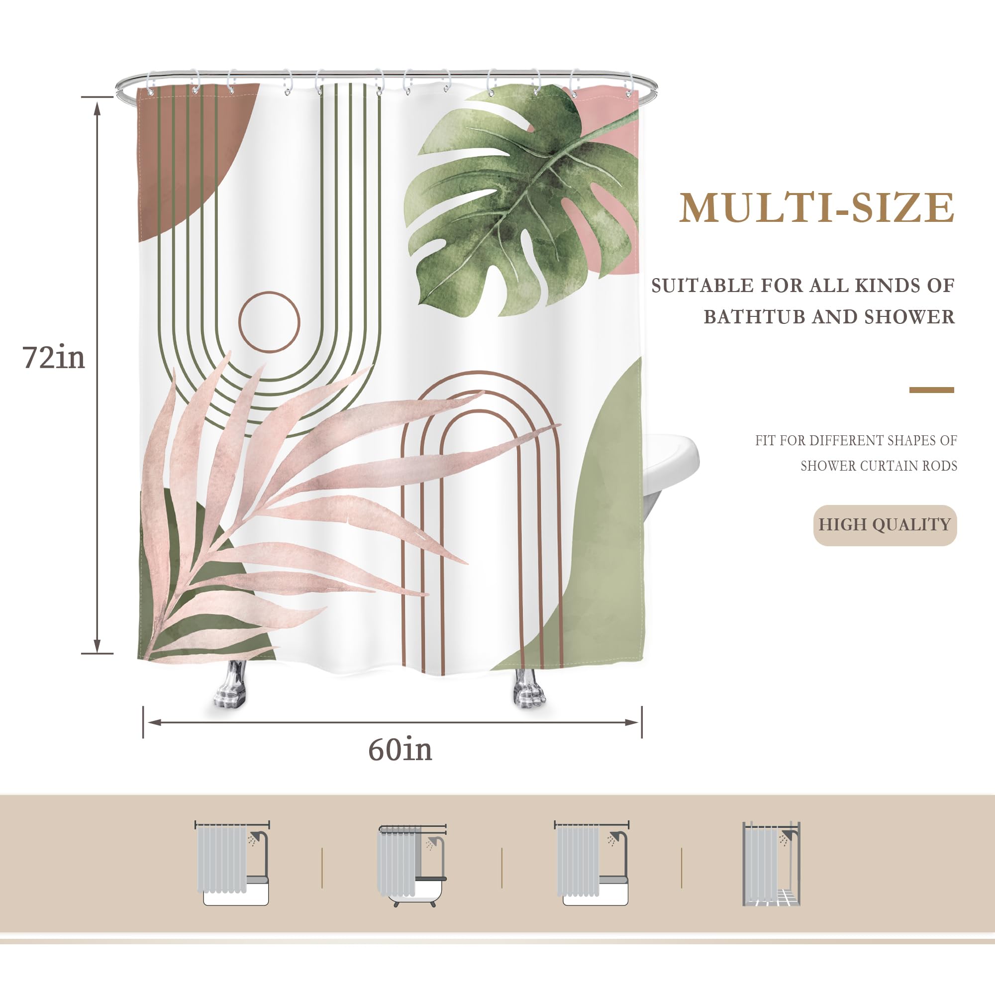 Glawry Abstract Tropical Shower Curtain Chic Boho Plant Palm Leaf Watercolor Pink Green Simple Minimalist Bathroom Modern Botani