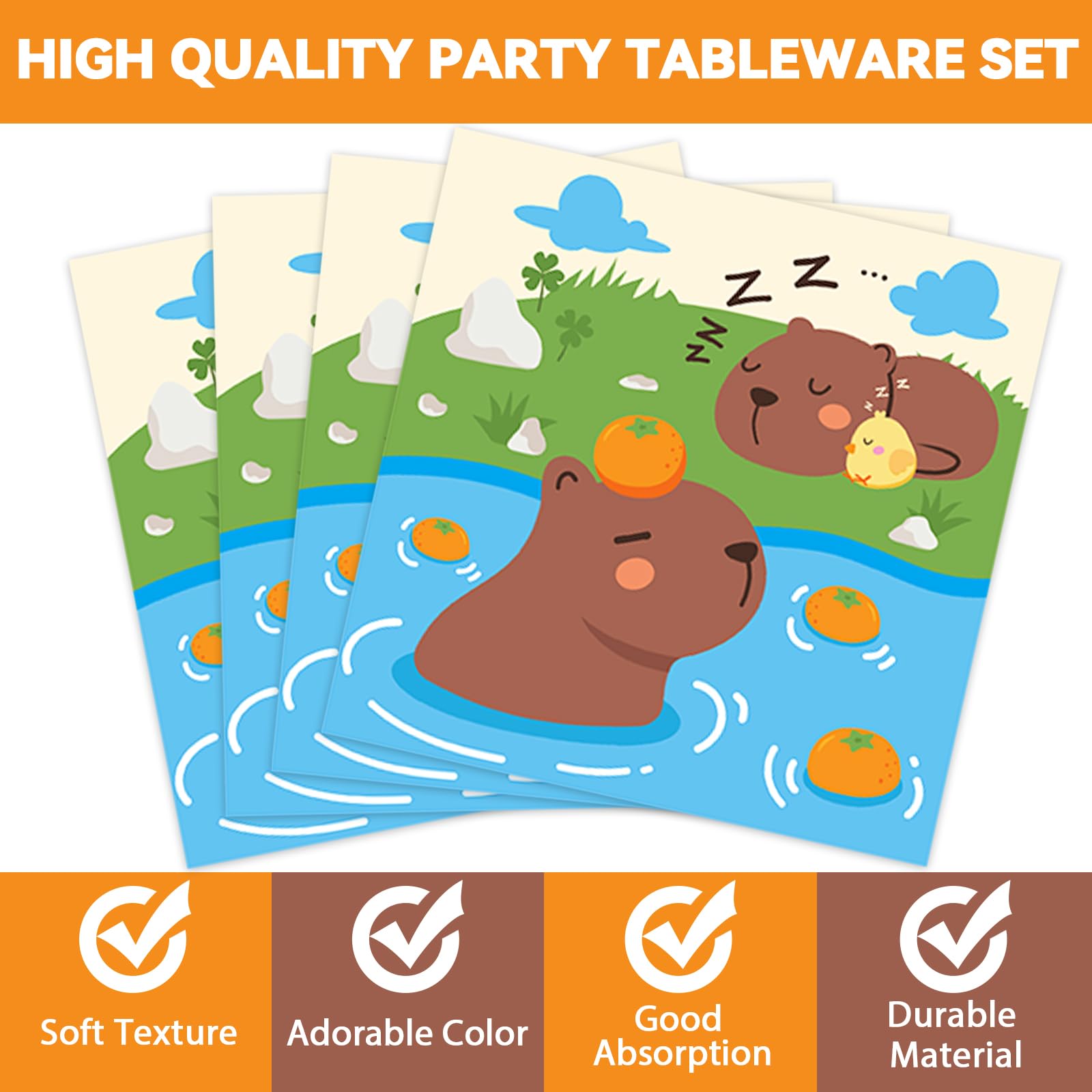 Obusatt 96Pcs Capybara Birthday Party Supplies Capybara Paper Plates Napkins Capybara Party Decorations Zoo Pals Dinnerware Part