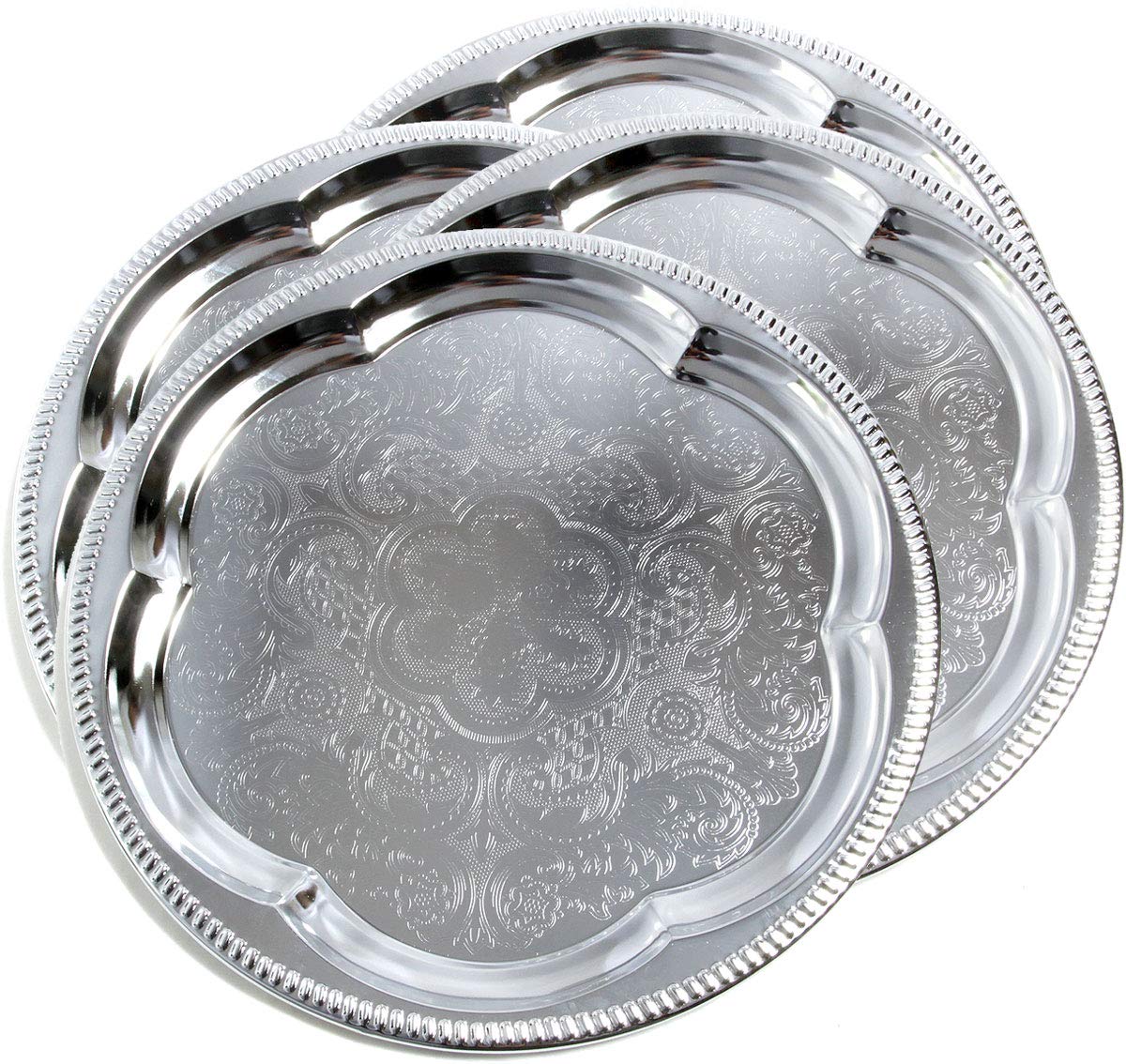 Maro Megastore (Pack Of 4) 13.8-Inch Elegant Round Floral Pattern Engraved Catering Chrome Plated Serving Plate Mirror Tray Plat