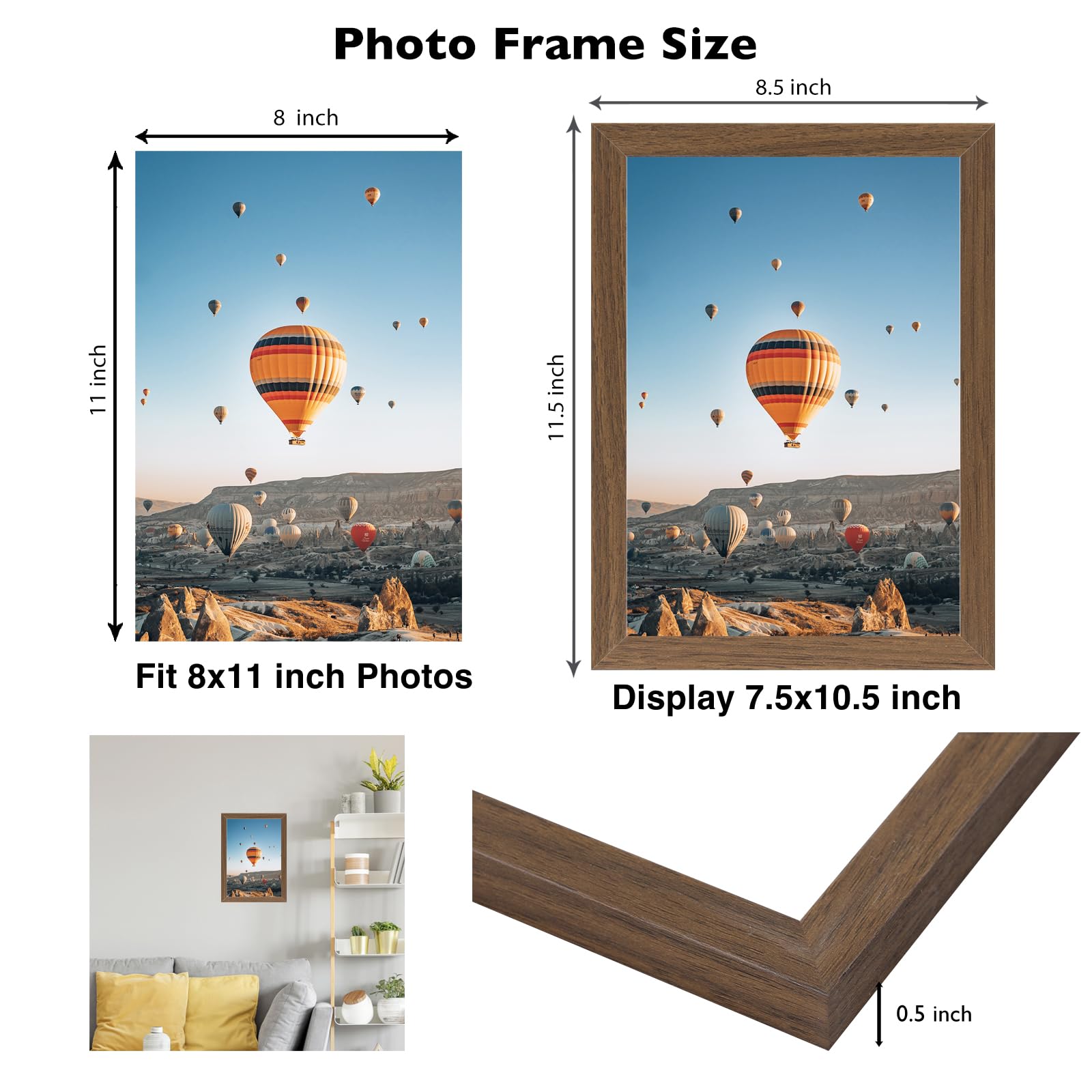 JCJMY 8x11 Picture Frame Brown for Wall Hanging or Tabletop, Wall Mounting Horizontally or Vertically, 8 x 11 Wall Gallery Poste