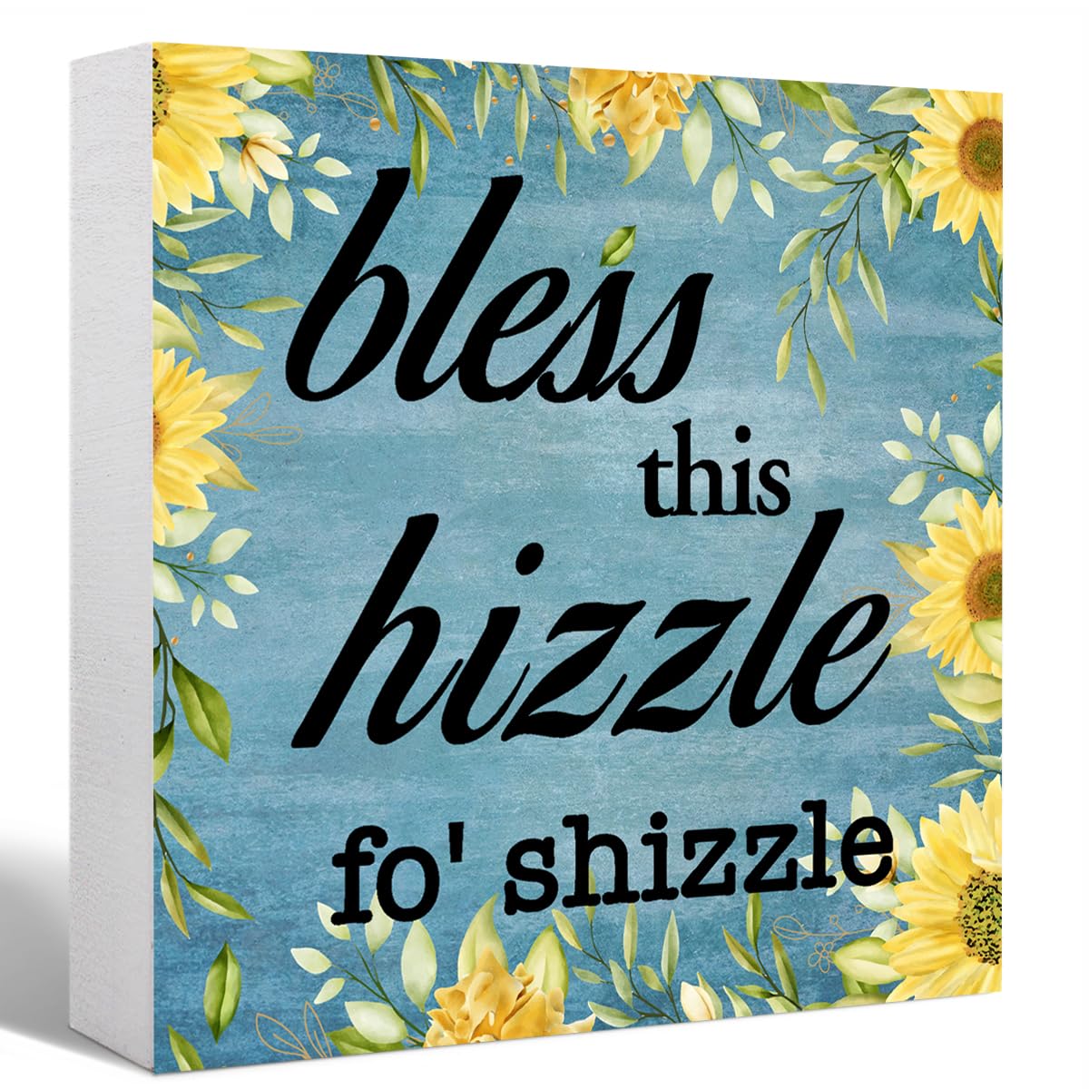 Blue Bless This Hizzle for Shizzle Sunflower Sign Wooden Block,Funny Humor Home Decor for Shelves,Farmhouse Home Desk Decor,Hous