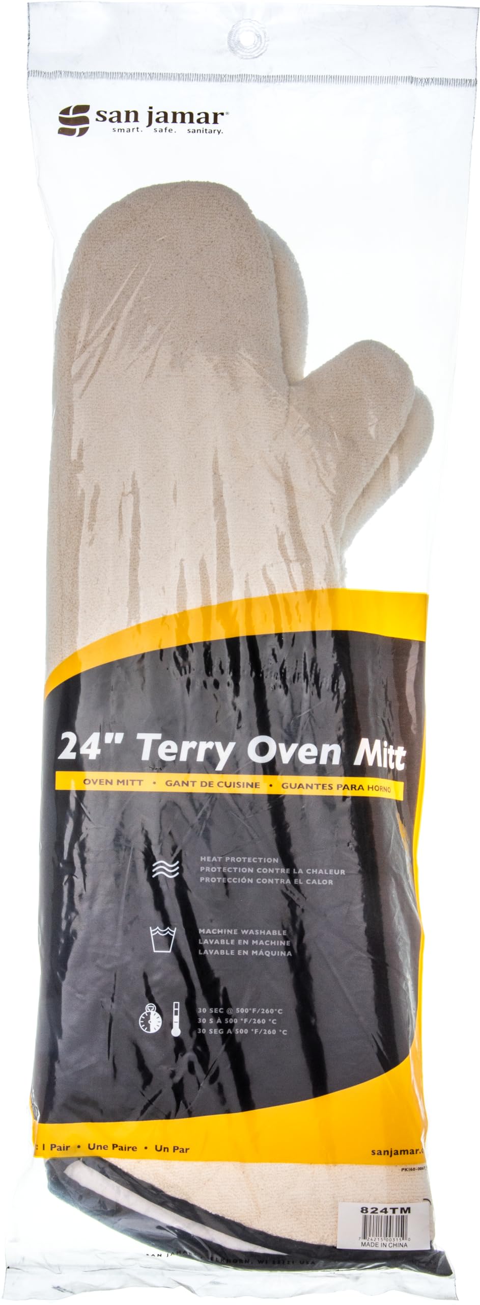 San Jamar Oven Mitt Long Oven Glove With Angled Cuff For Kitchens And Restaurants, Cotton, 24 Inches, Tan