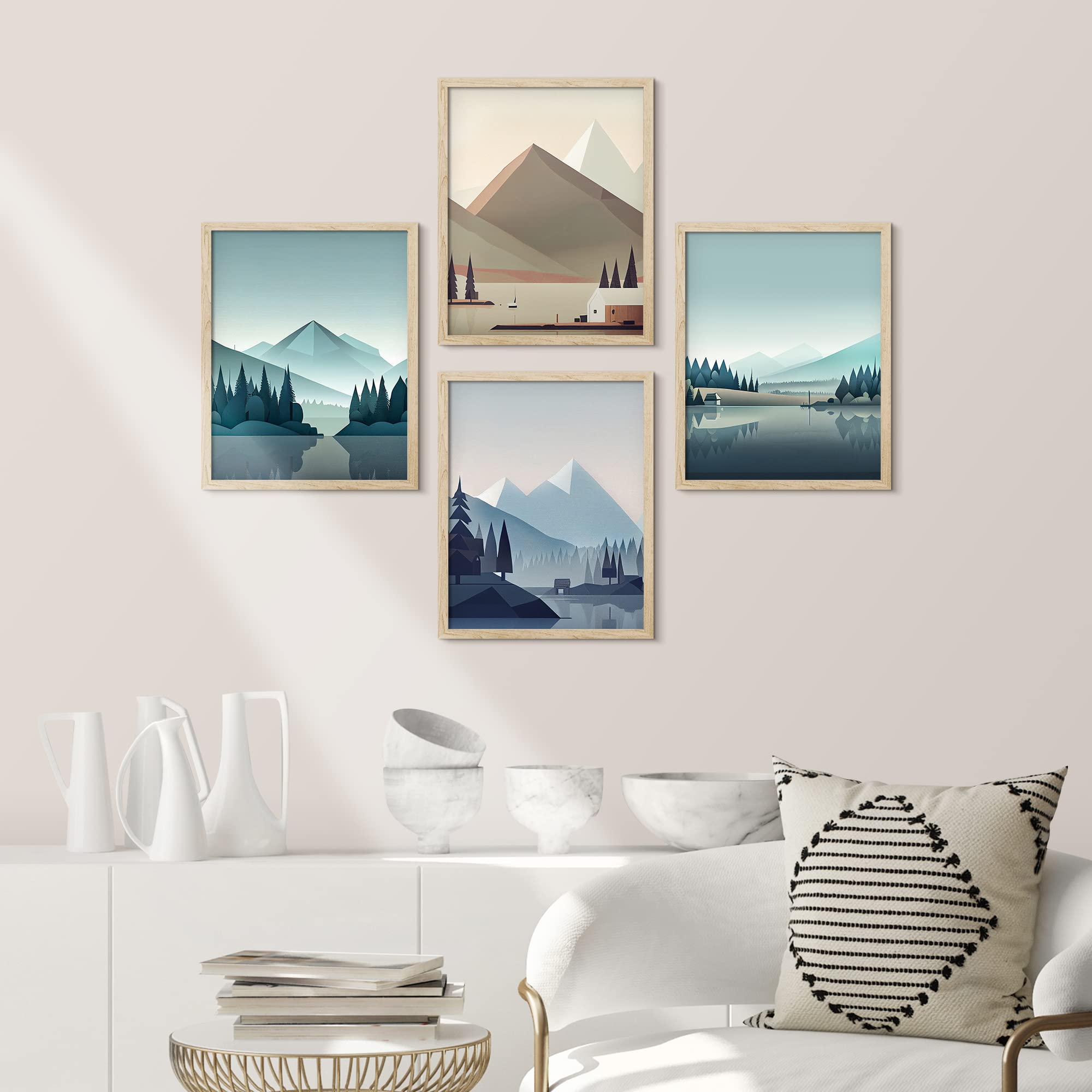 Signwin Framed Pastel Mountain Forest Lake Wall Art, Set Of 4 Landscapes Silhouette Wall Decor Prints, Wilderness Nature Wall D