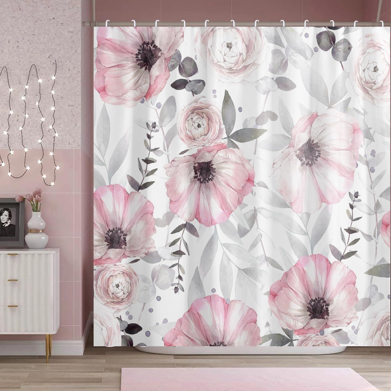 Bivinar Tender Pink Floral Shower Curtain, Watercolor Flowers Bathroom Shower Curtain, Fabric Waterproof Shower Curtain With 12