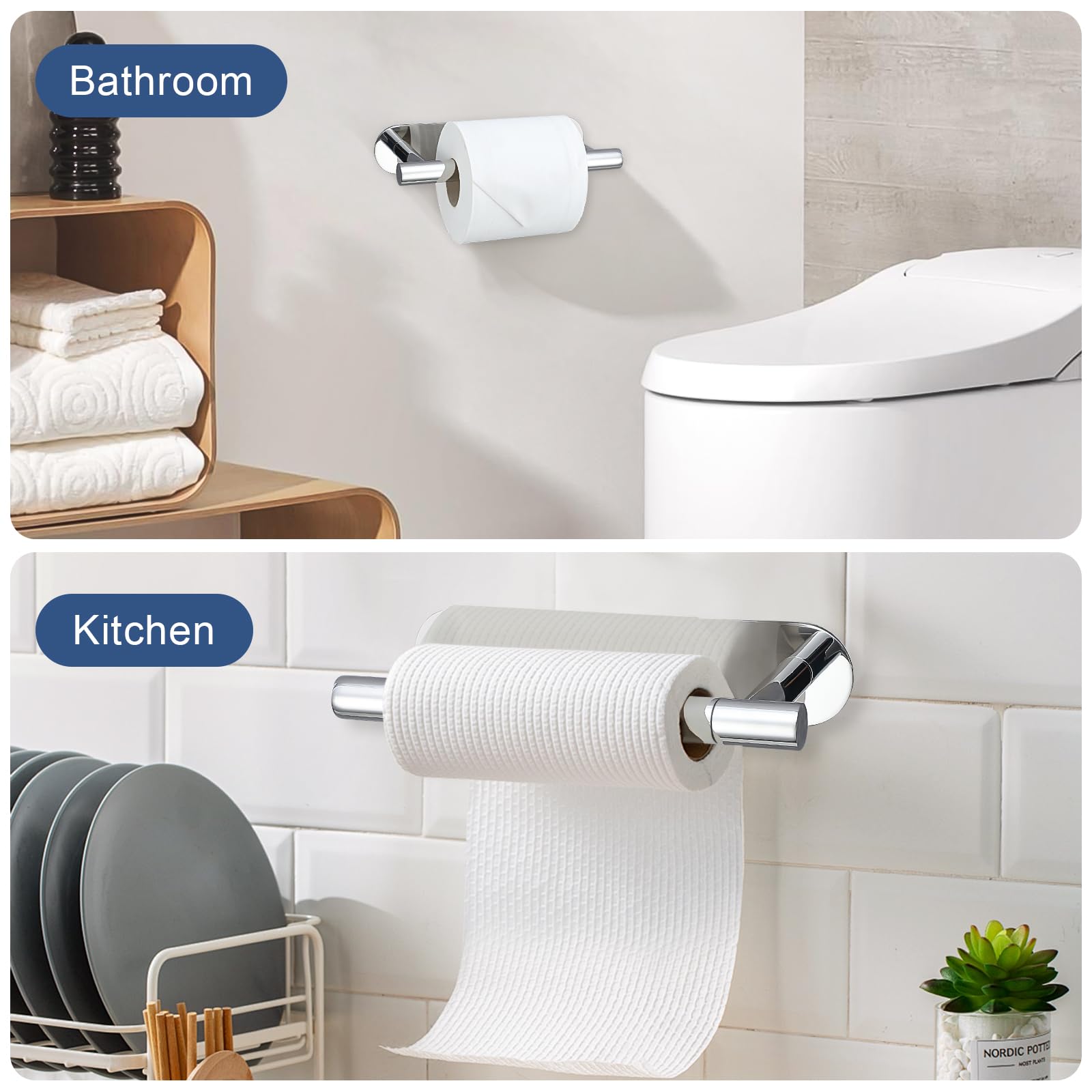 Self Adhesive Chrome Toilet Paper Holder, Sus304 Stainless Steel Toilet Roll Holder, Double Base Paper Towel Holder Wall Mount N