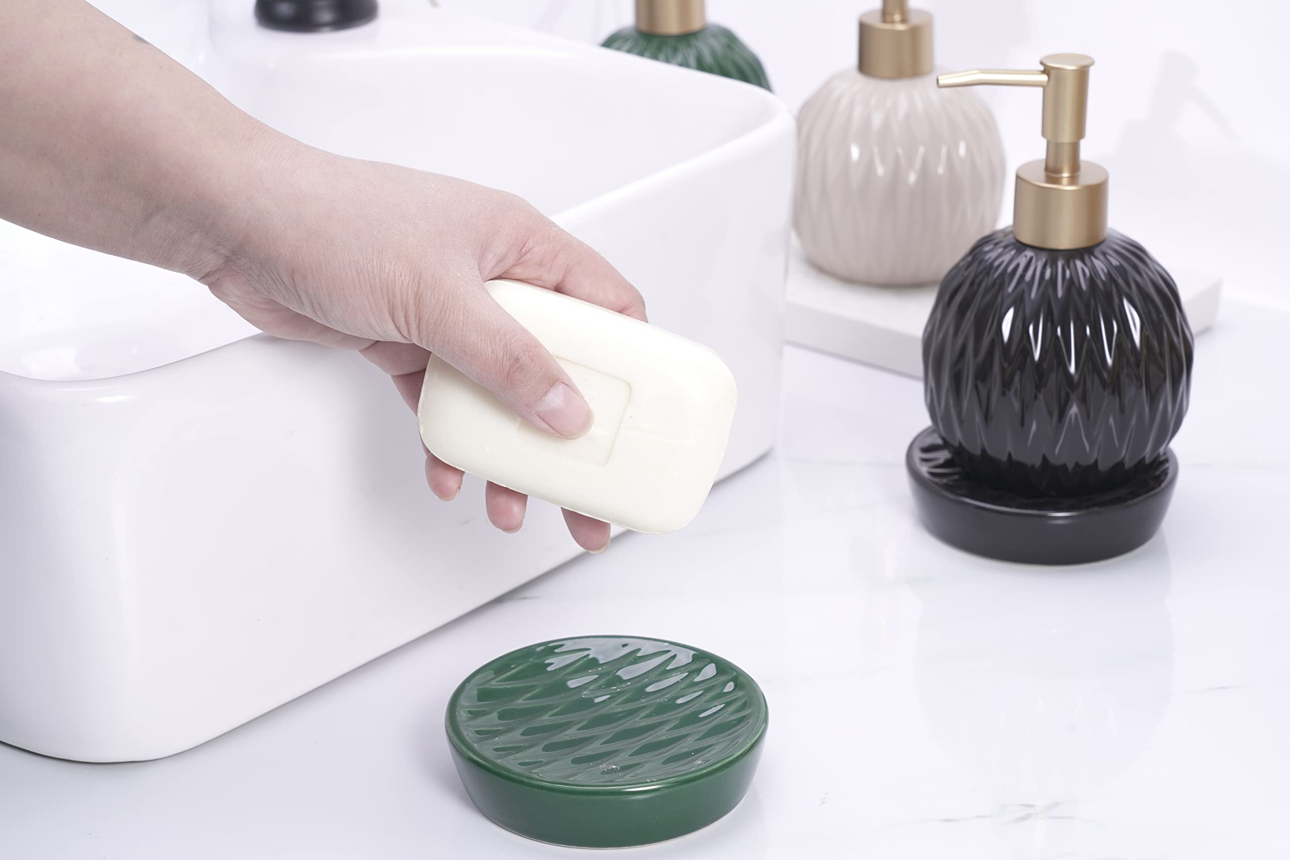 Ceramics Gold Soap Dispenser For Bathroom, Round Soap Dispenser With Delicate Embossed Rhombus Design (White)