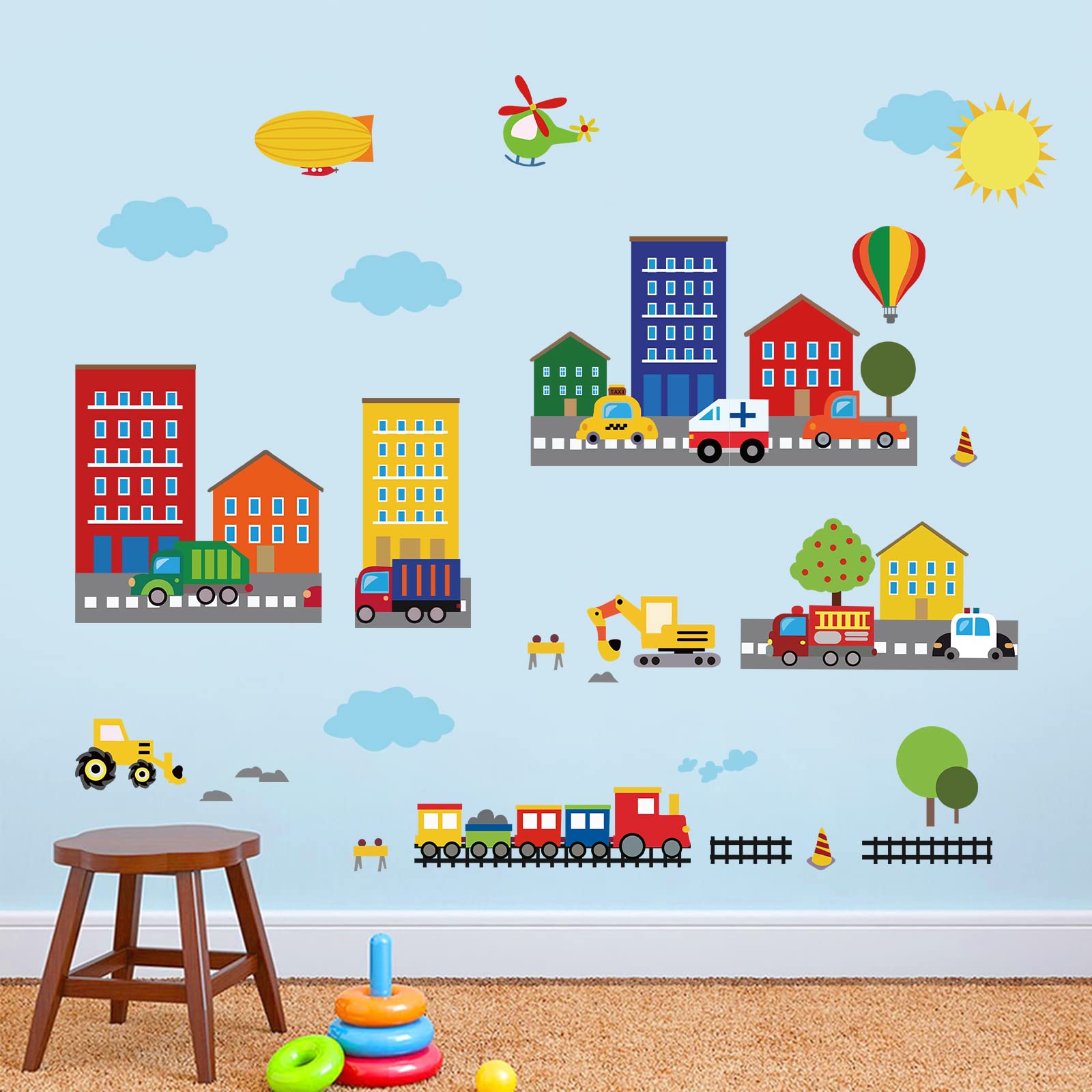 Decalmile Construction Cars City Wall Decals Transportation Roads Kids Wall Stickers Baby Nursery Childrens Bedroom Playroom Wal
